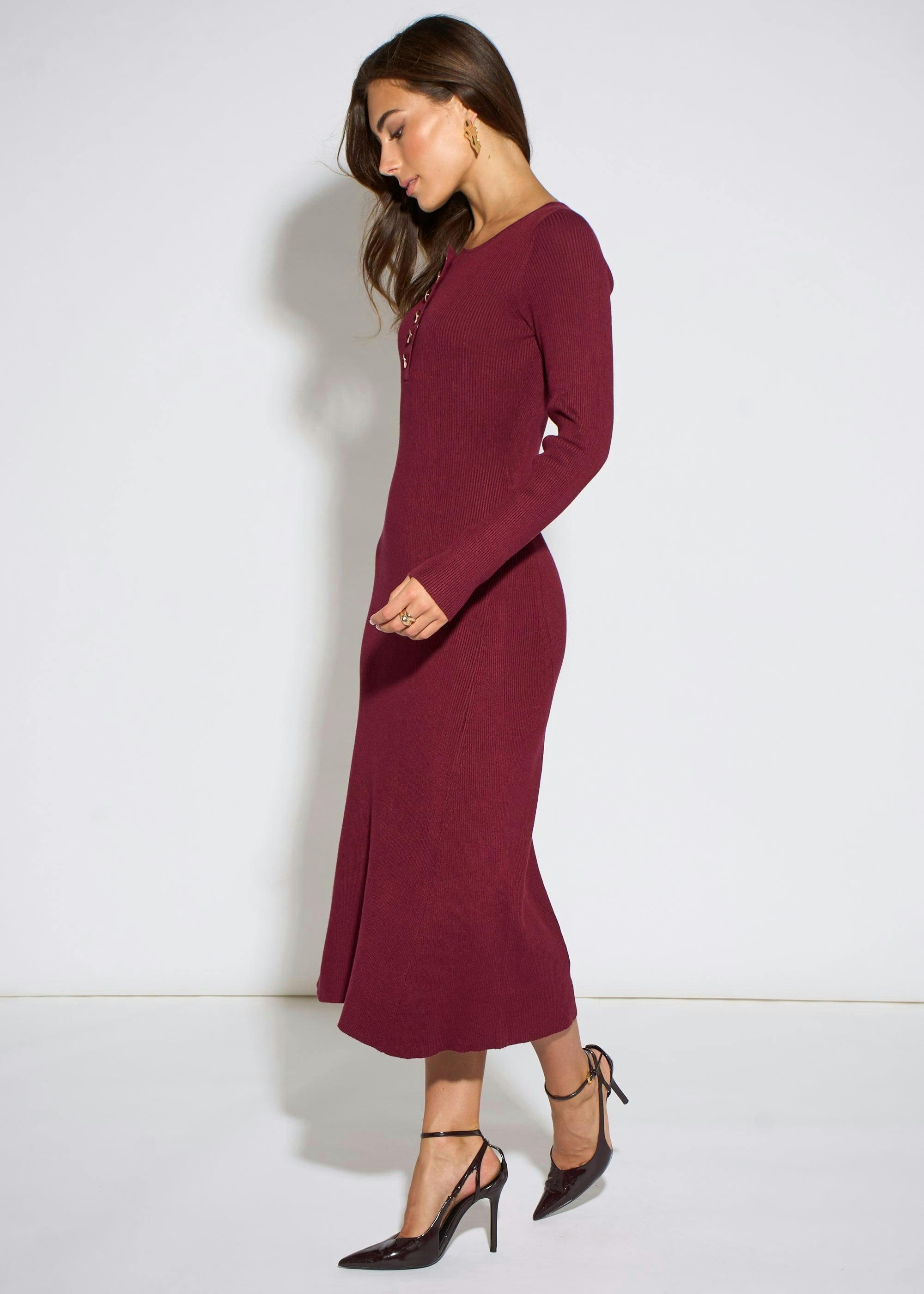 Mulberry Long Sleeve Gold Button Midi Dress , view 4 of 4