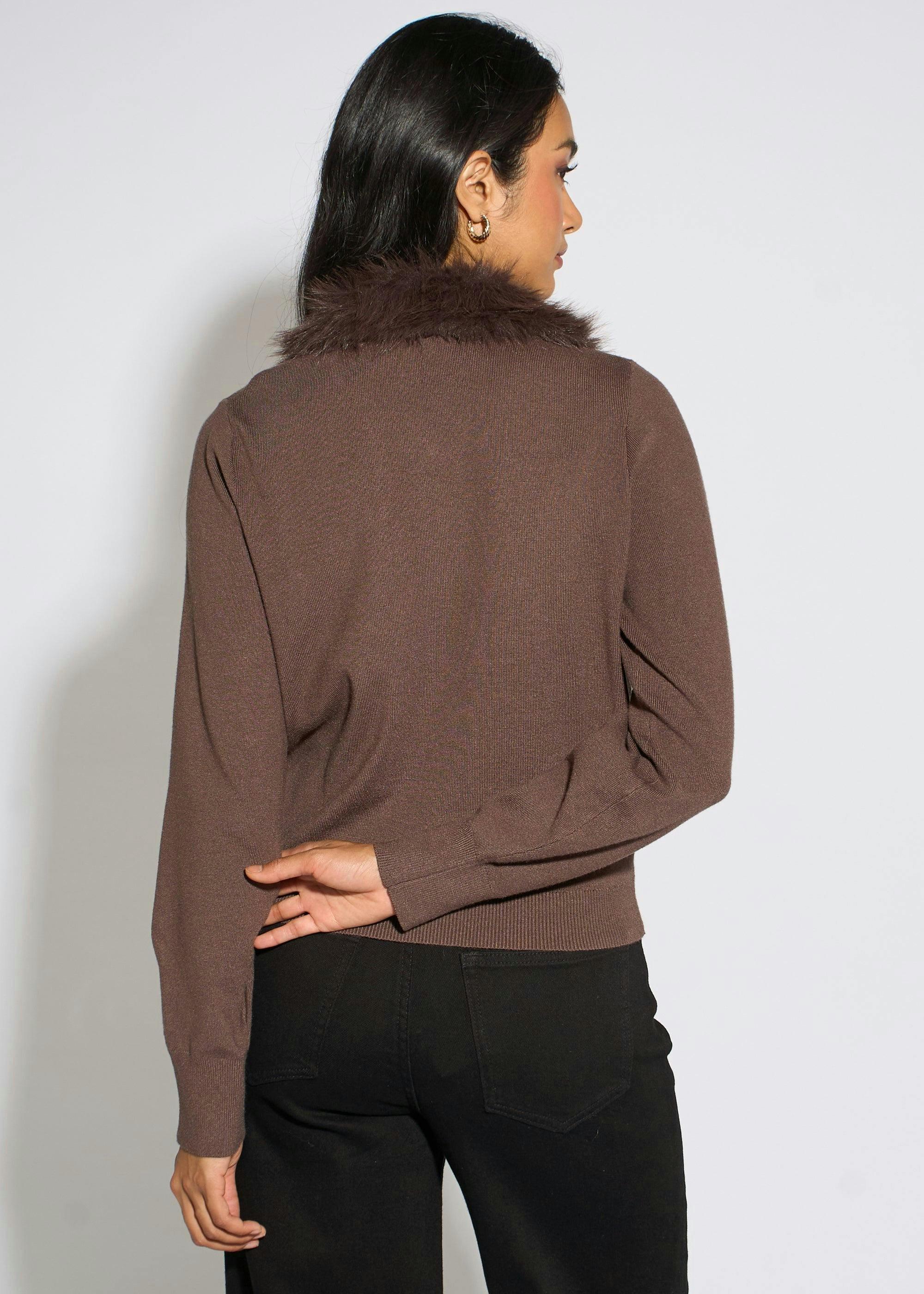 Brown Fur Trim Cardigan , view 2 of 4