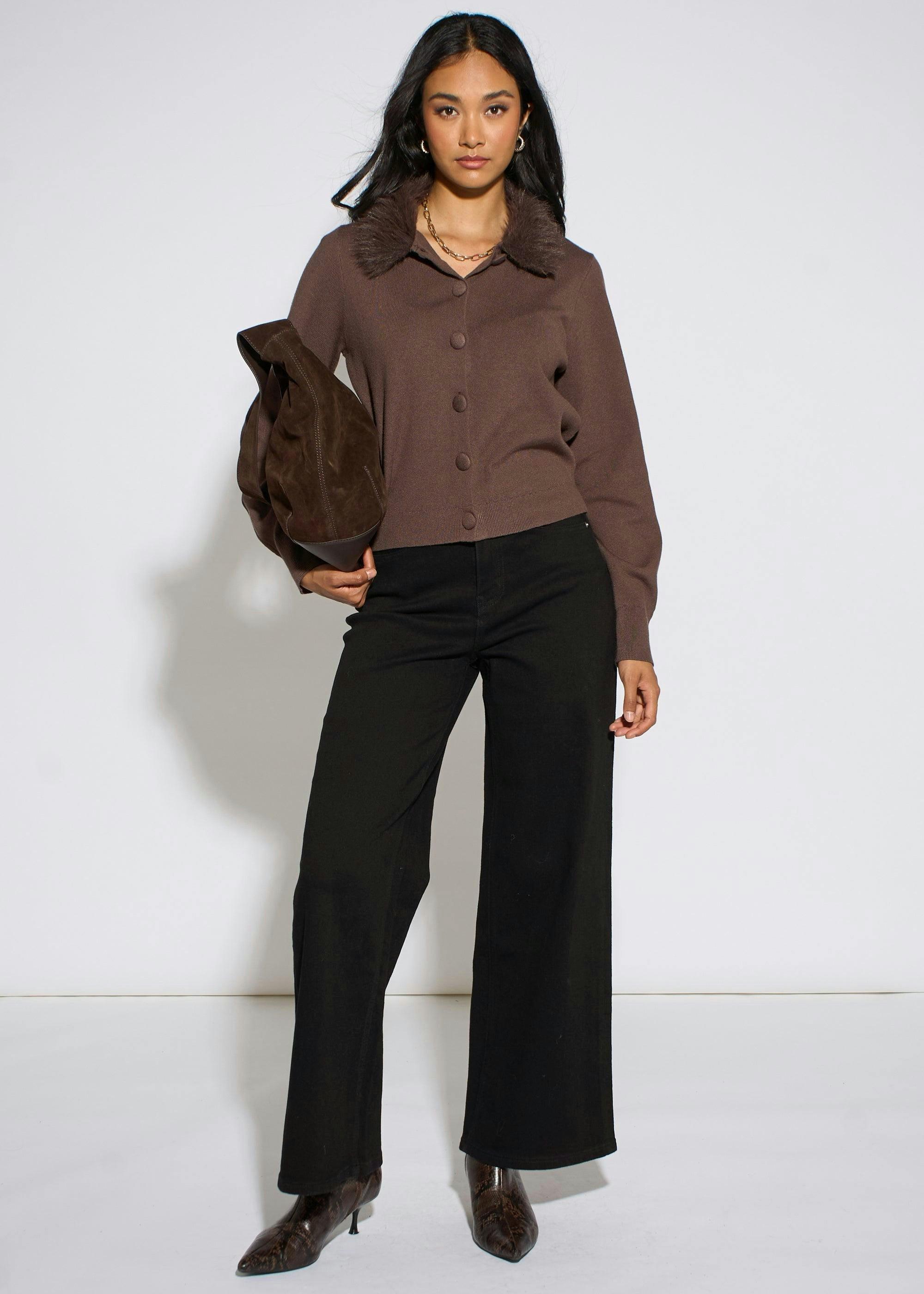 Brown Fur Trim Cardigan , view 3 of 4