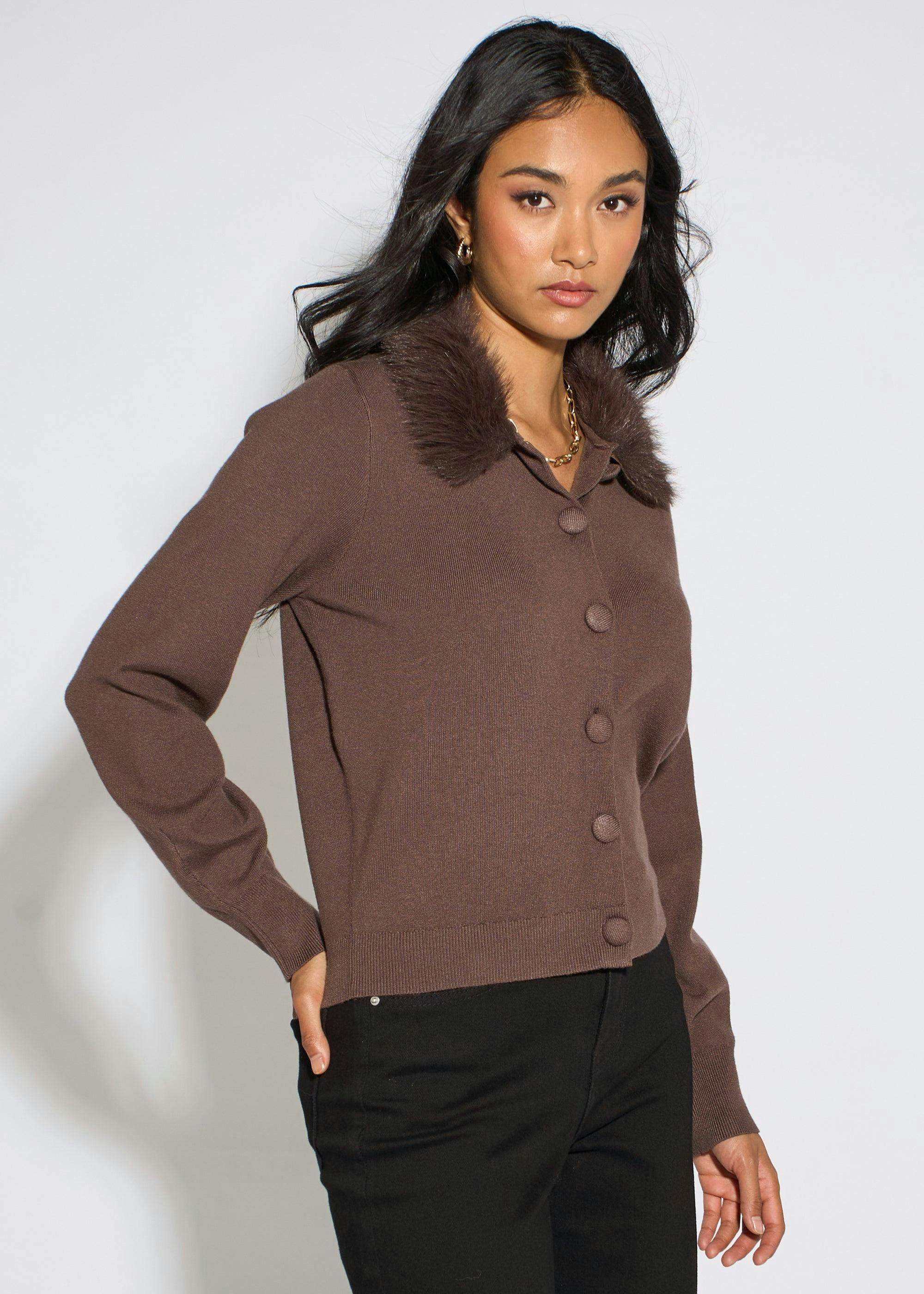 Brown Fur Trim Cardigan , view 4 of 4