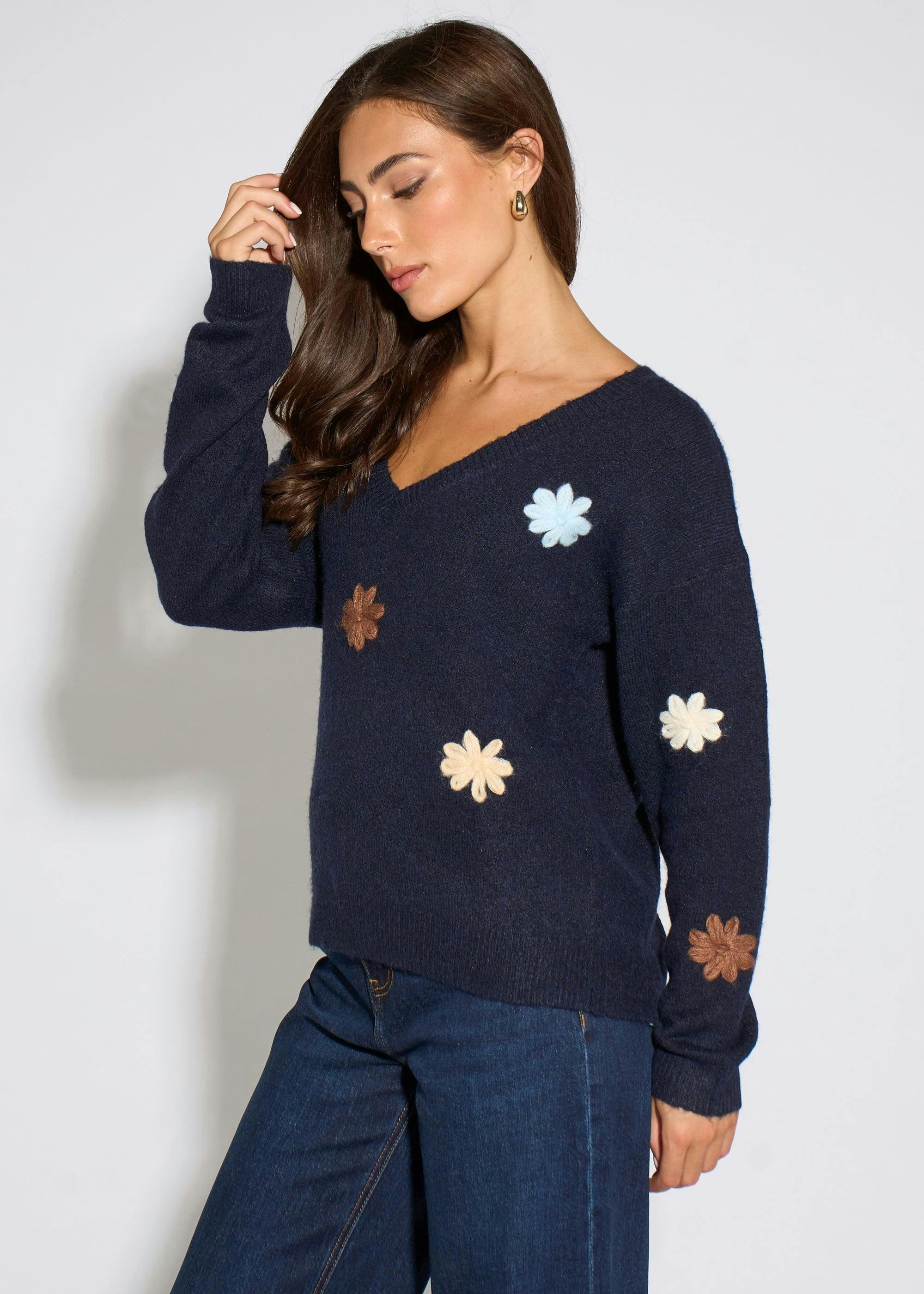 Navy Crochet 3D Floral Knitted Jumper , view 4 of 4