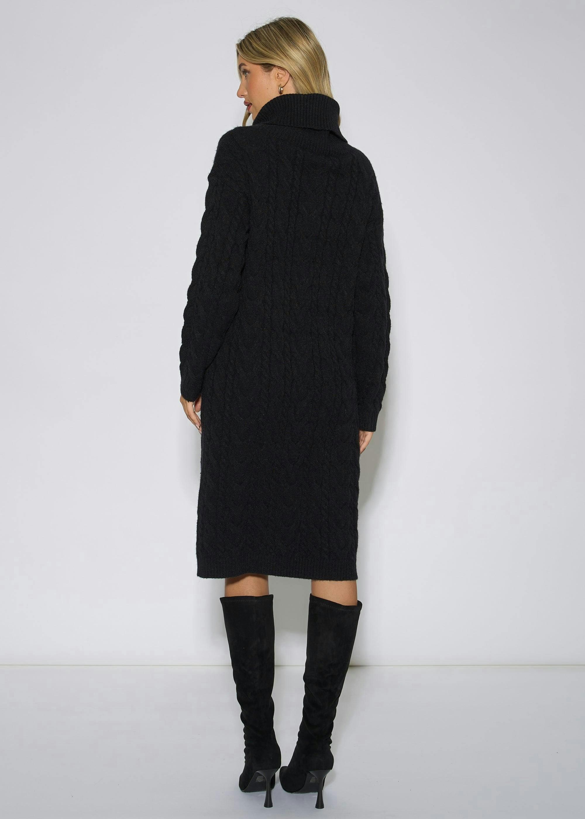 Black High Neck Cable Knit Shift Dress , view 2 of 4