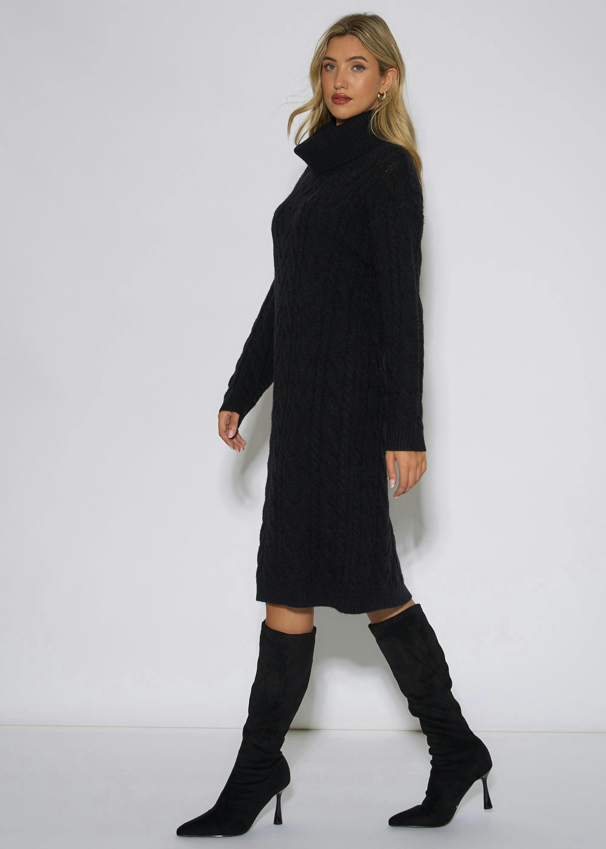 Black High Neck Cable Knit Shift Dress , view 4 of 4