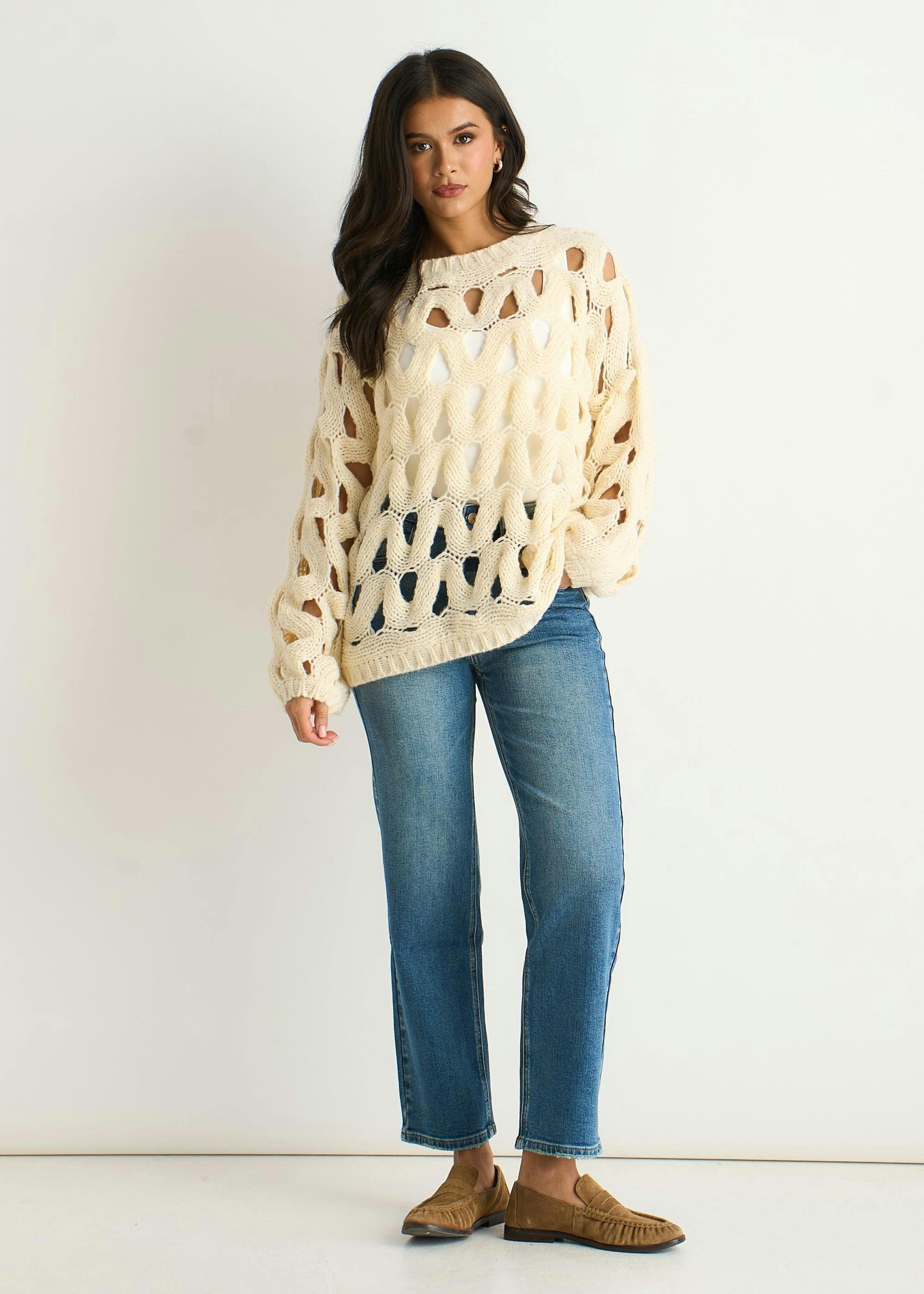 Butter Cream Hollow Chunky Knit Jumper , view 2 of 4