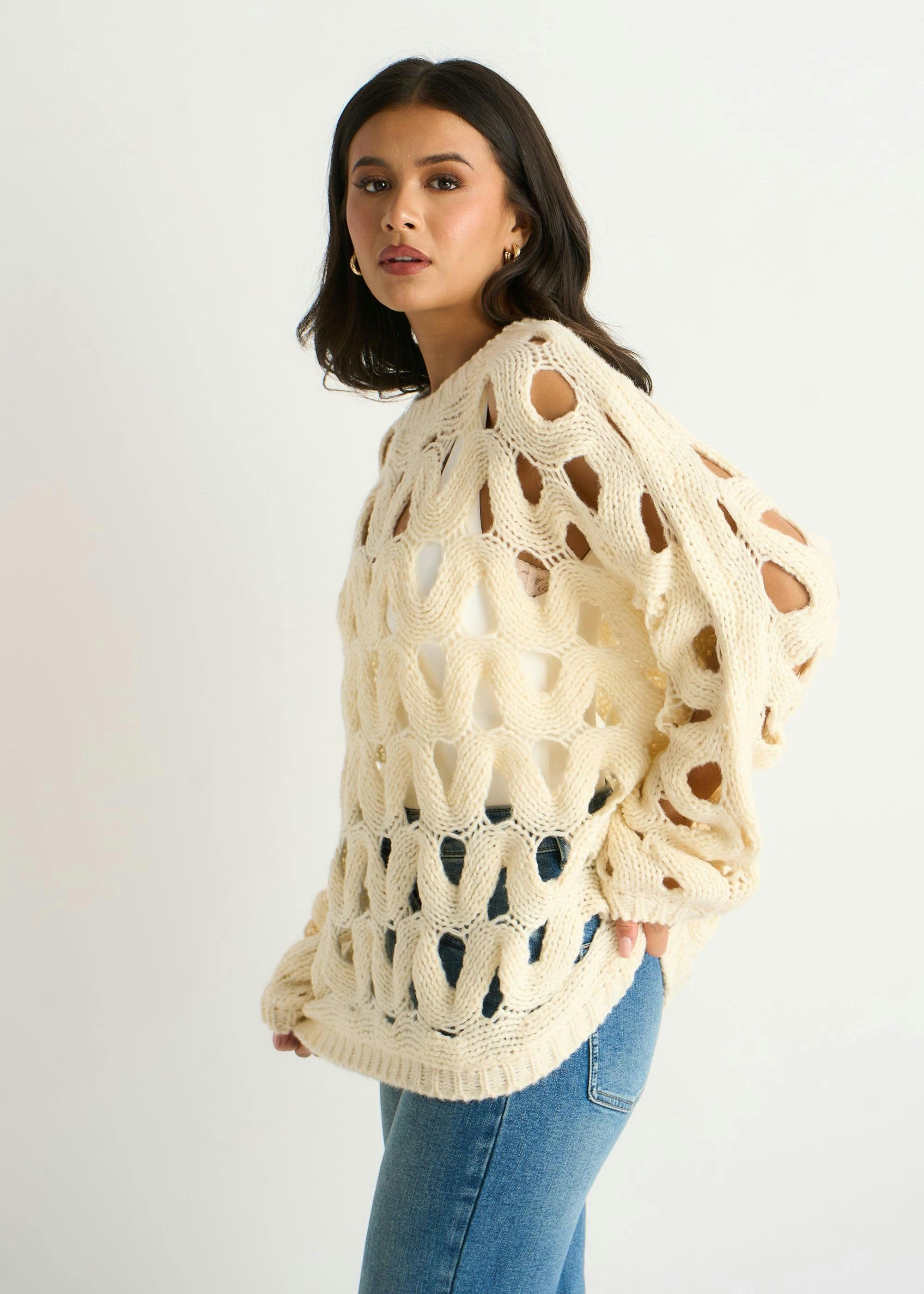 Butter Cream Hollow Chunky Knit Jumper , view 4 of 4
