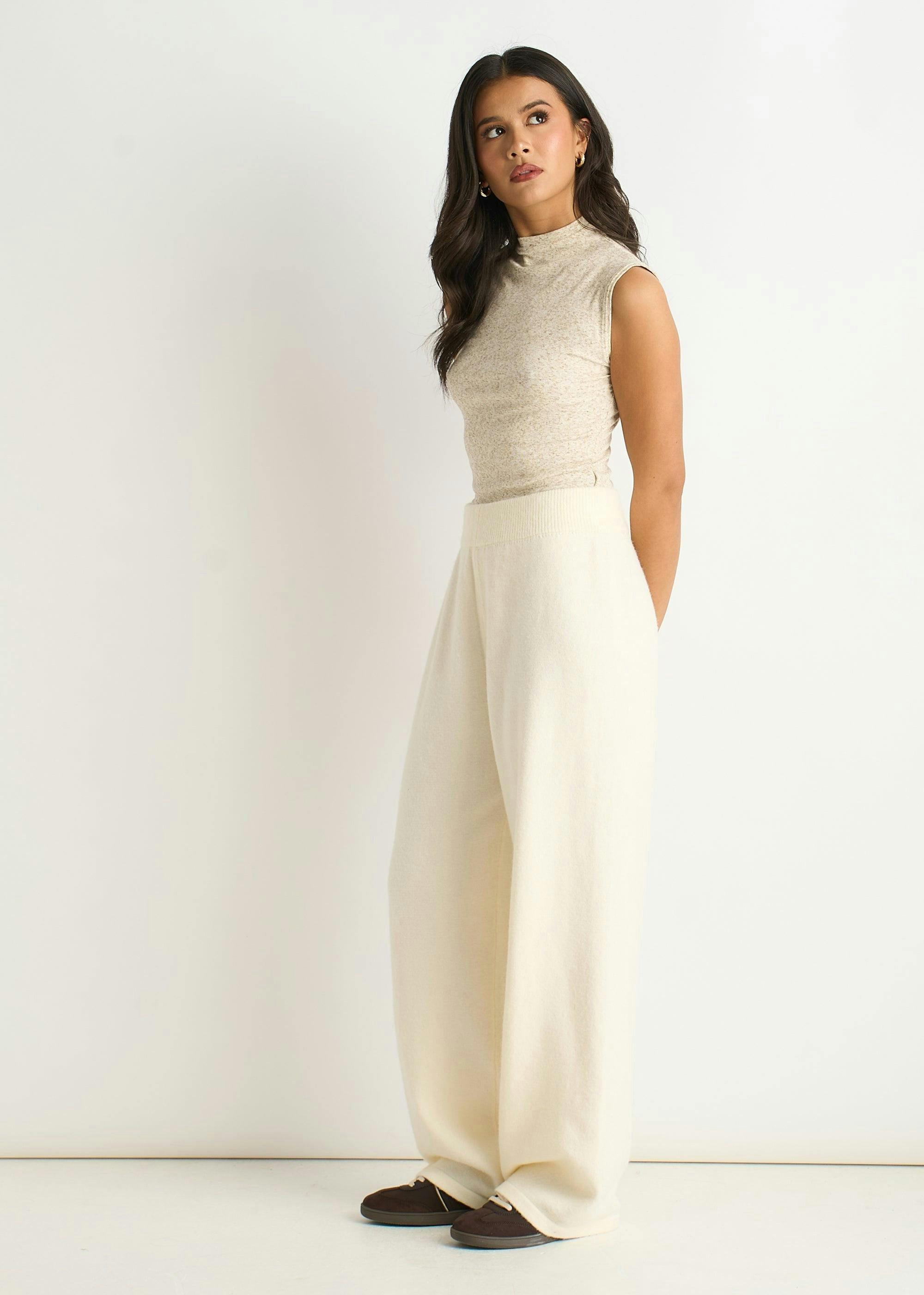 Off White Knitted Pull On Wide Leg Trousers , view 4 of 4