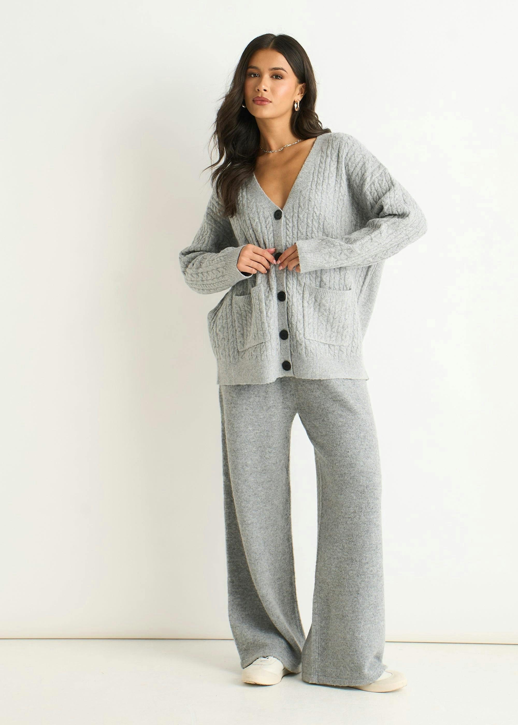 Grey Textured Knit Long Sleeve Pocket Cardigan , view 2 of 4