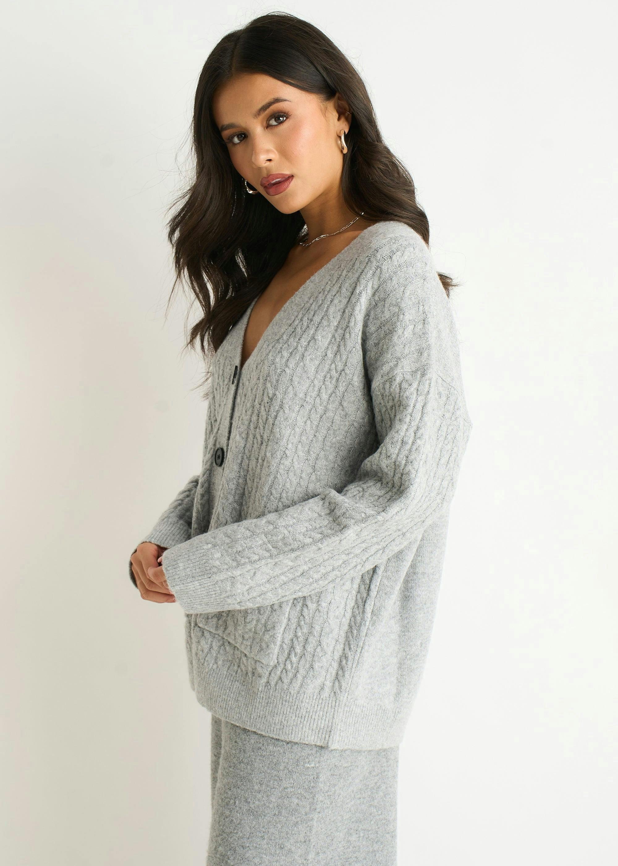 Grey Textured Knit Long Sleeve Pocket Cardigan , view 4 of 4