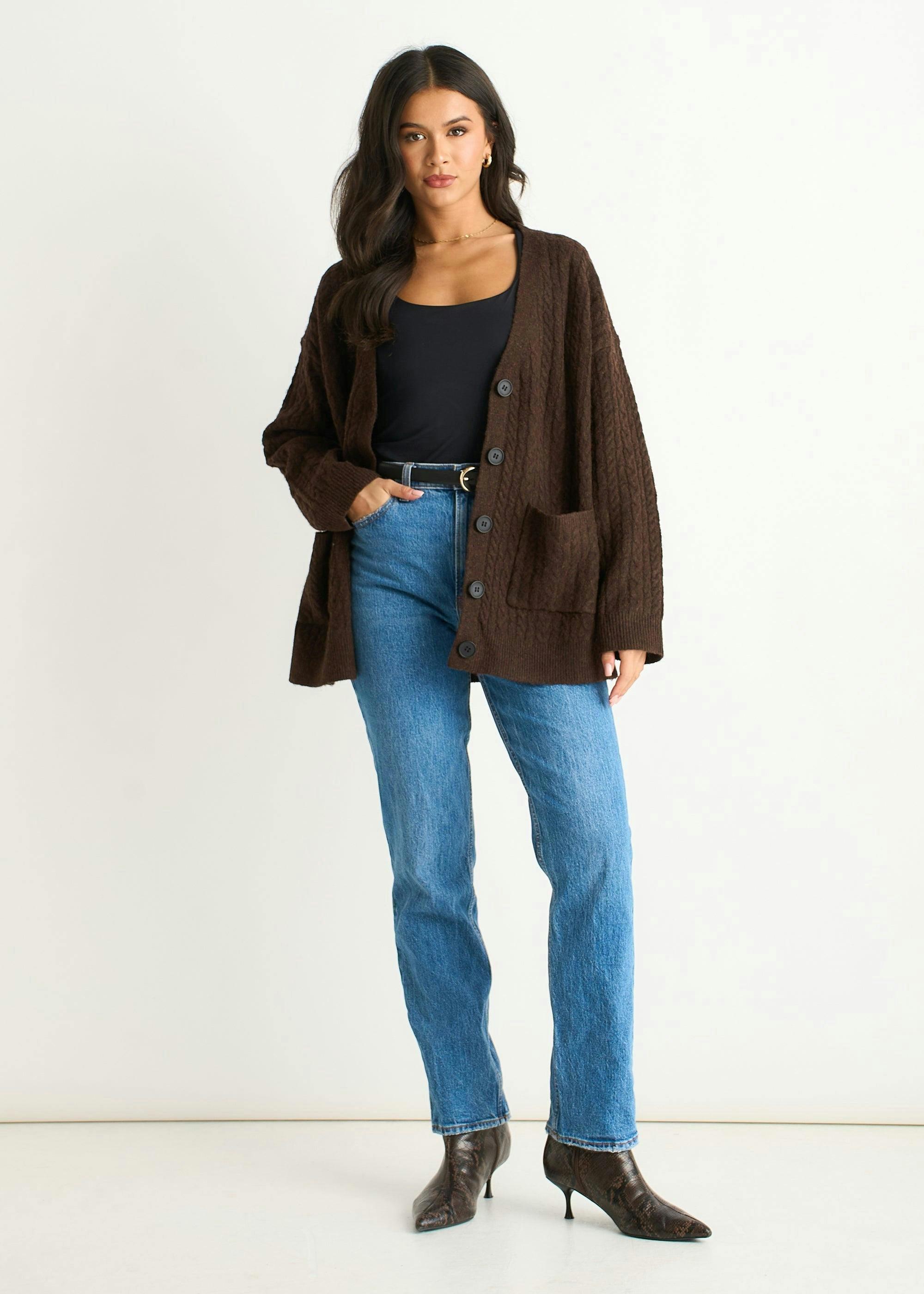 Brown Textured Knit Long Sleeve Pocket Cardigan , view 2 of 4