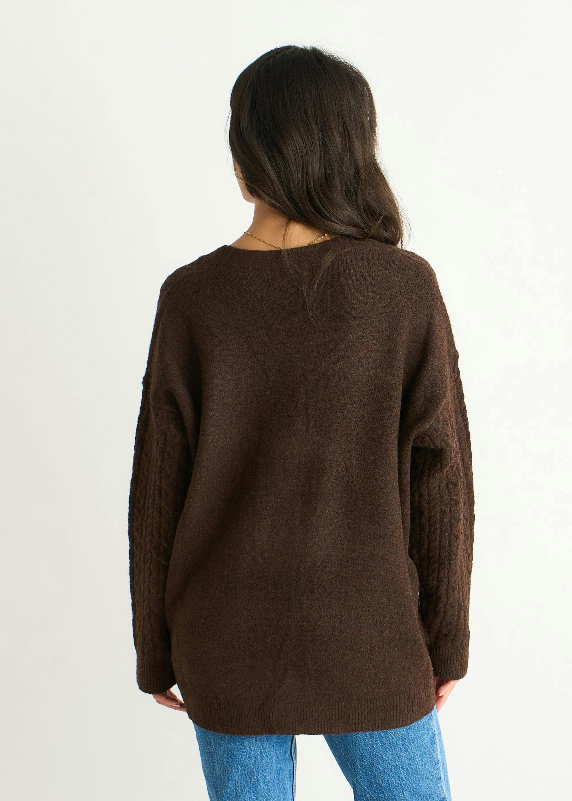 Brown Textured Knit Long Sleeve Pocket Cardigan , view 3 of 4