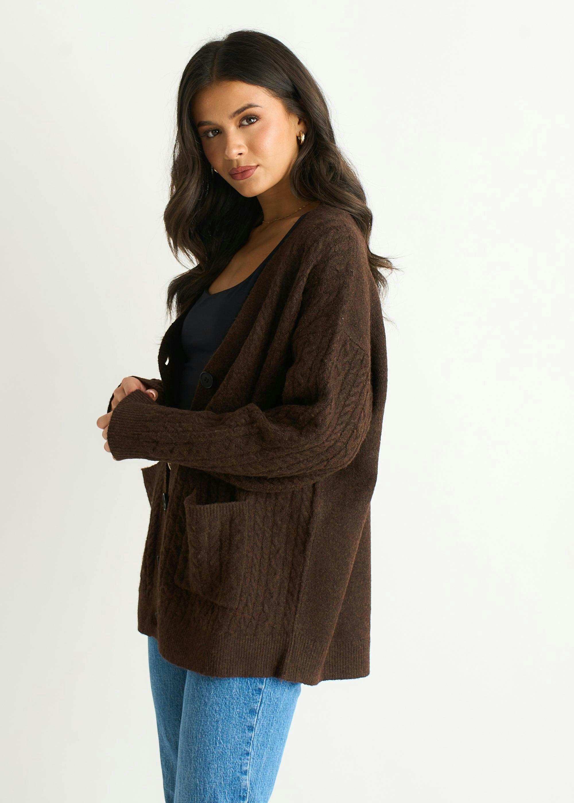 Brown Textured Knit Long Sleeve Pocket Cardigan , view 4 of 4