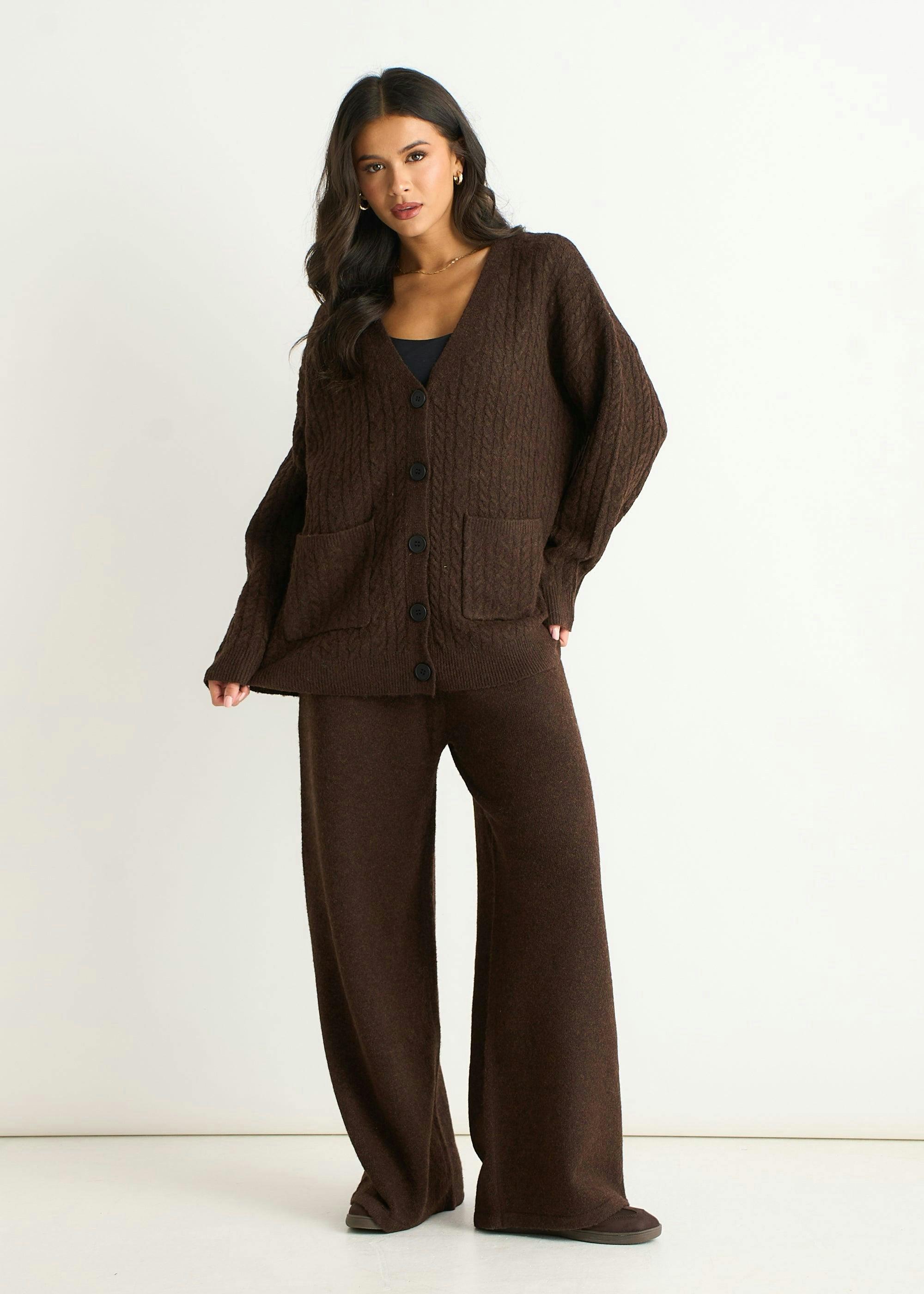 Brown Soft Knit Pull On Wide-Leg Trousers , view 2 of 4