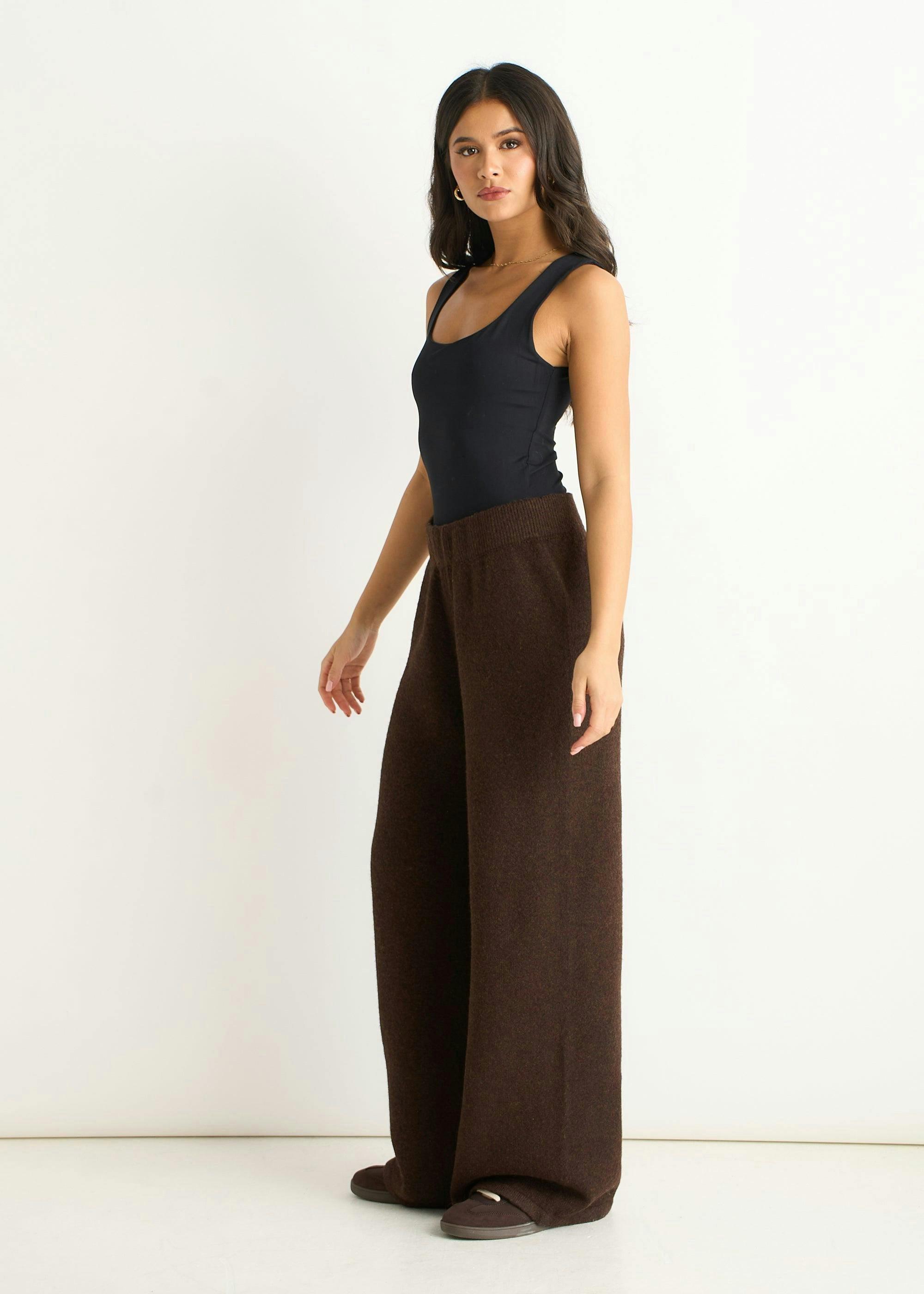 Brown Soft Knit Pull On Wide-Leg Trousers , view 4 of 4
