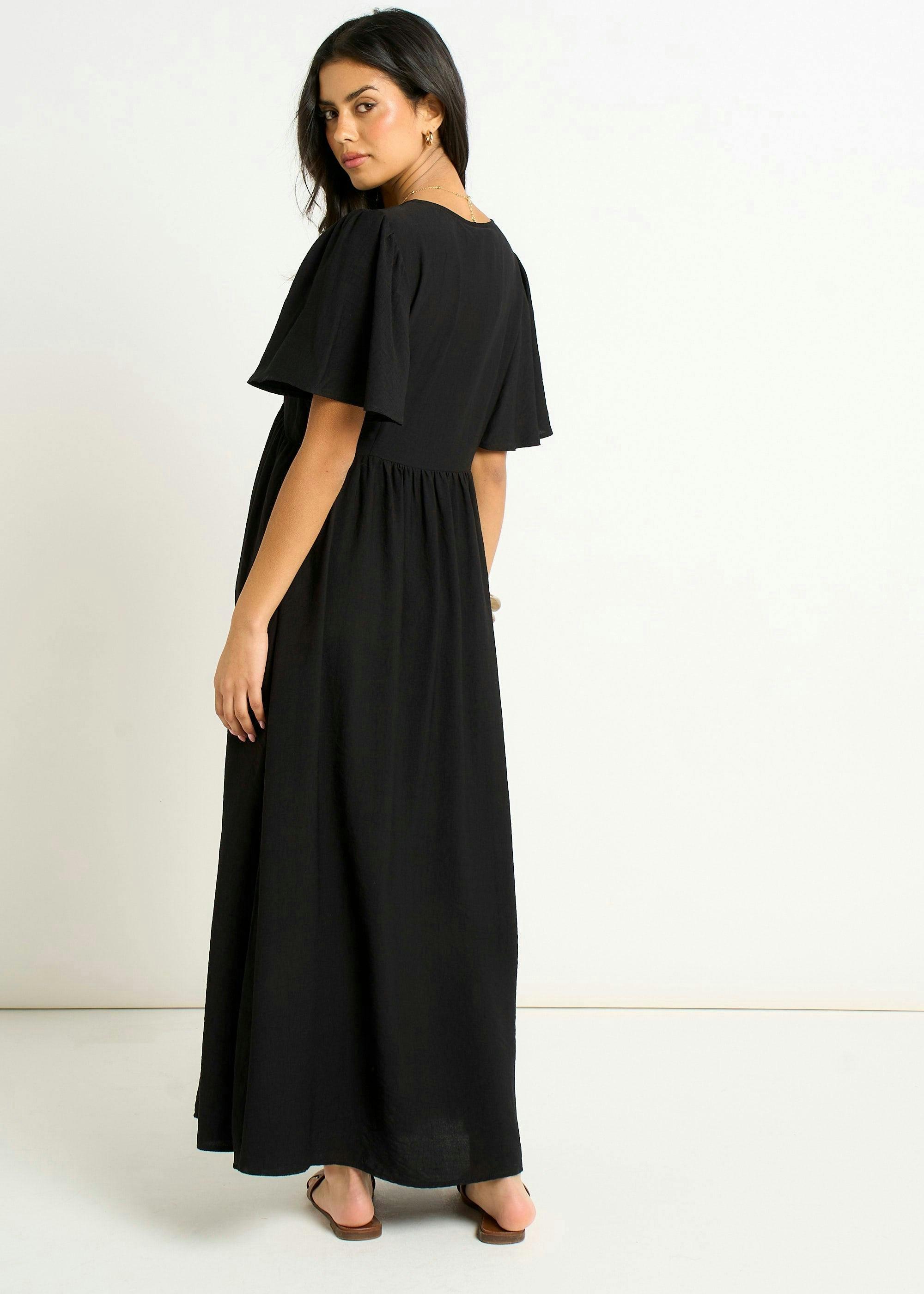 Black V Neck Angel Sleeves Skater Maxi Dress , view 2 of 4