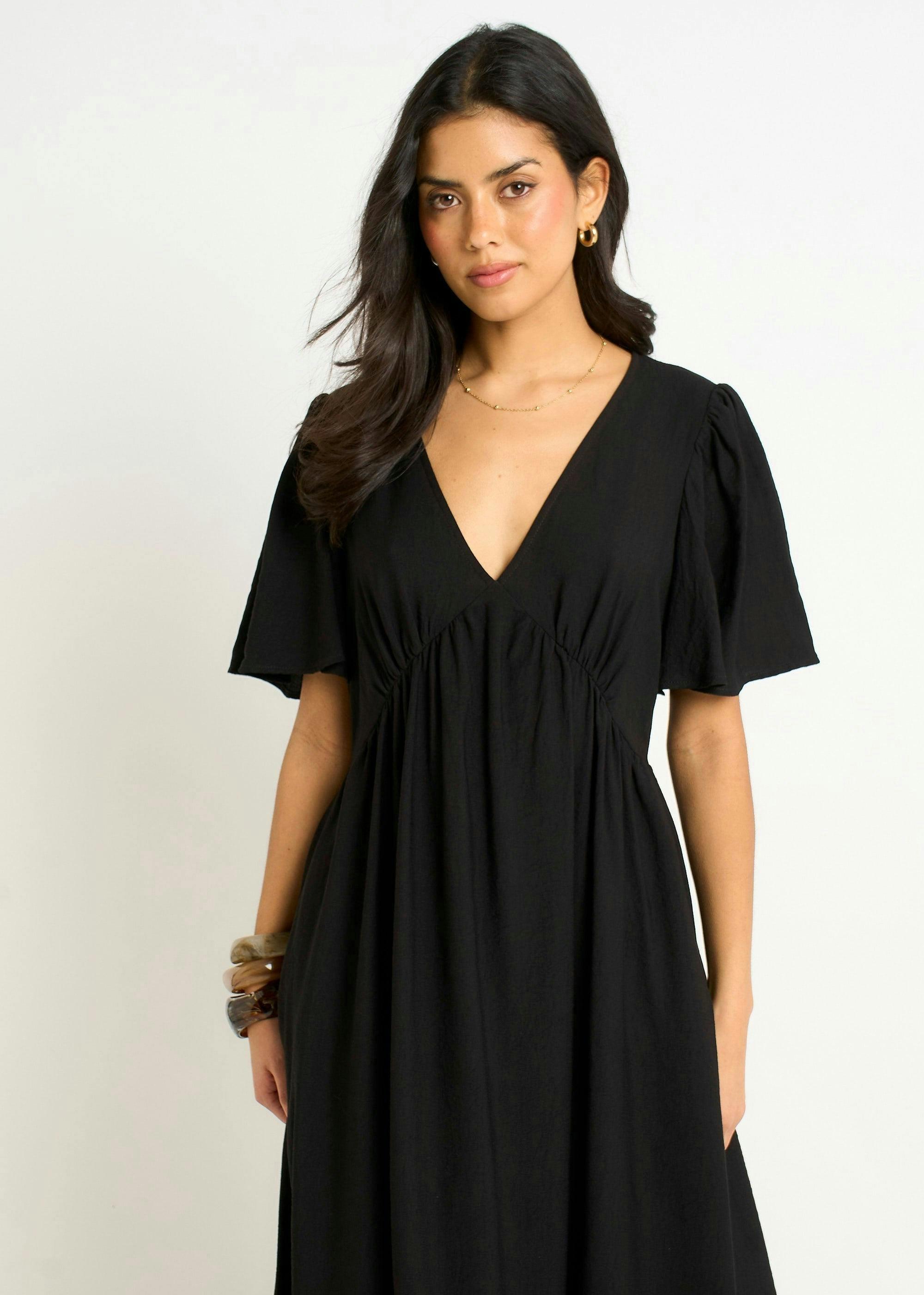 Black V Neck Angel Sleeves Skater Maxi Dress , view 3 of 4