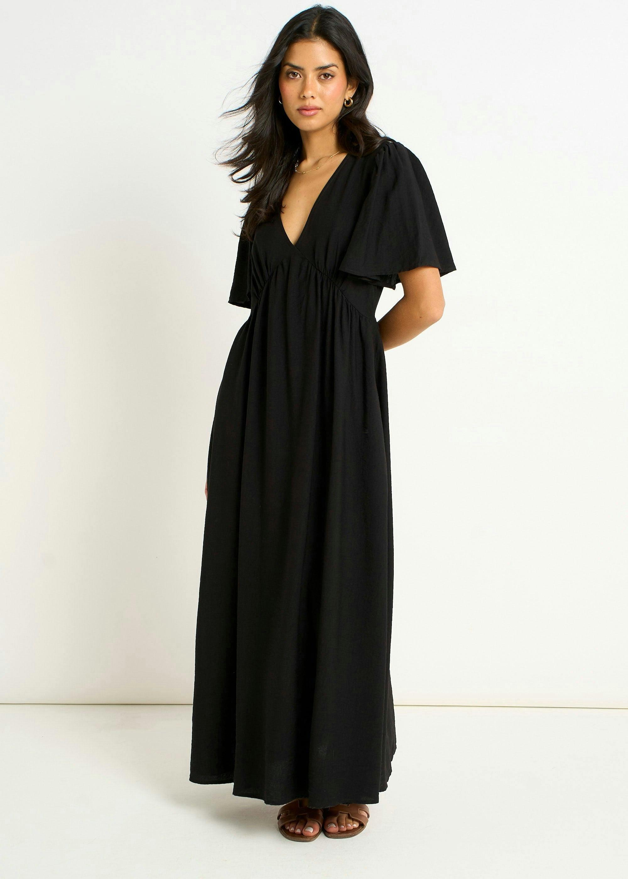 Black V Neck Angel Sleeves Skater Maxi Dress , view 4 of 4