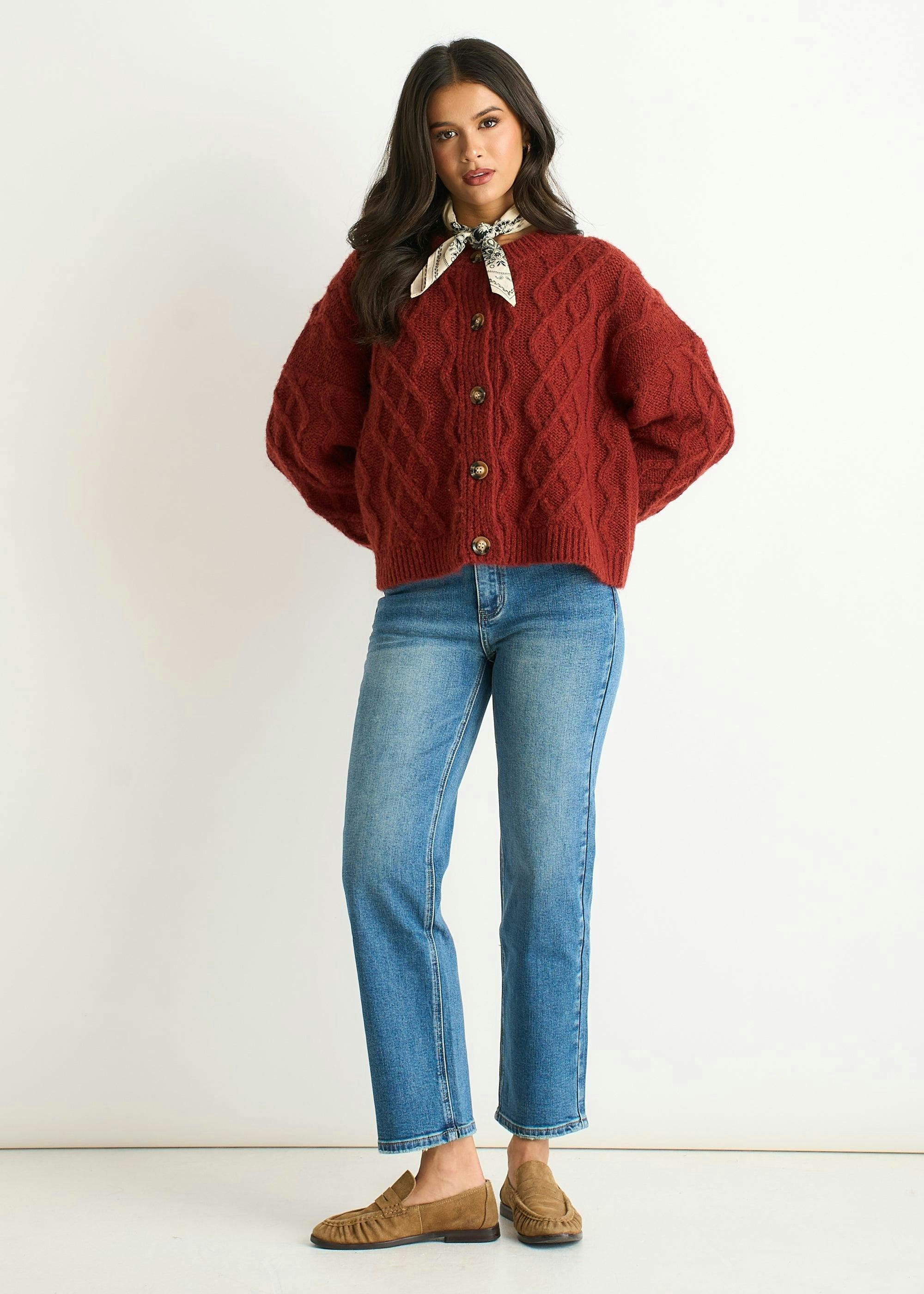 Rust Cable Knit Cardigan , view 2 of 4