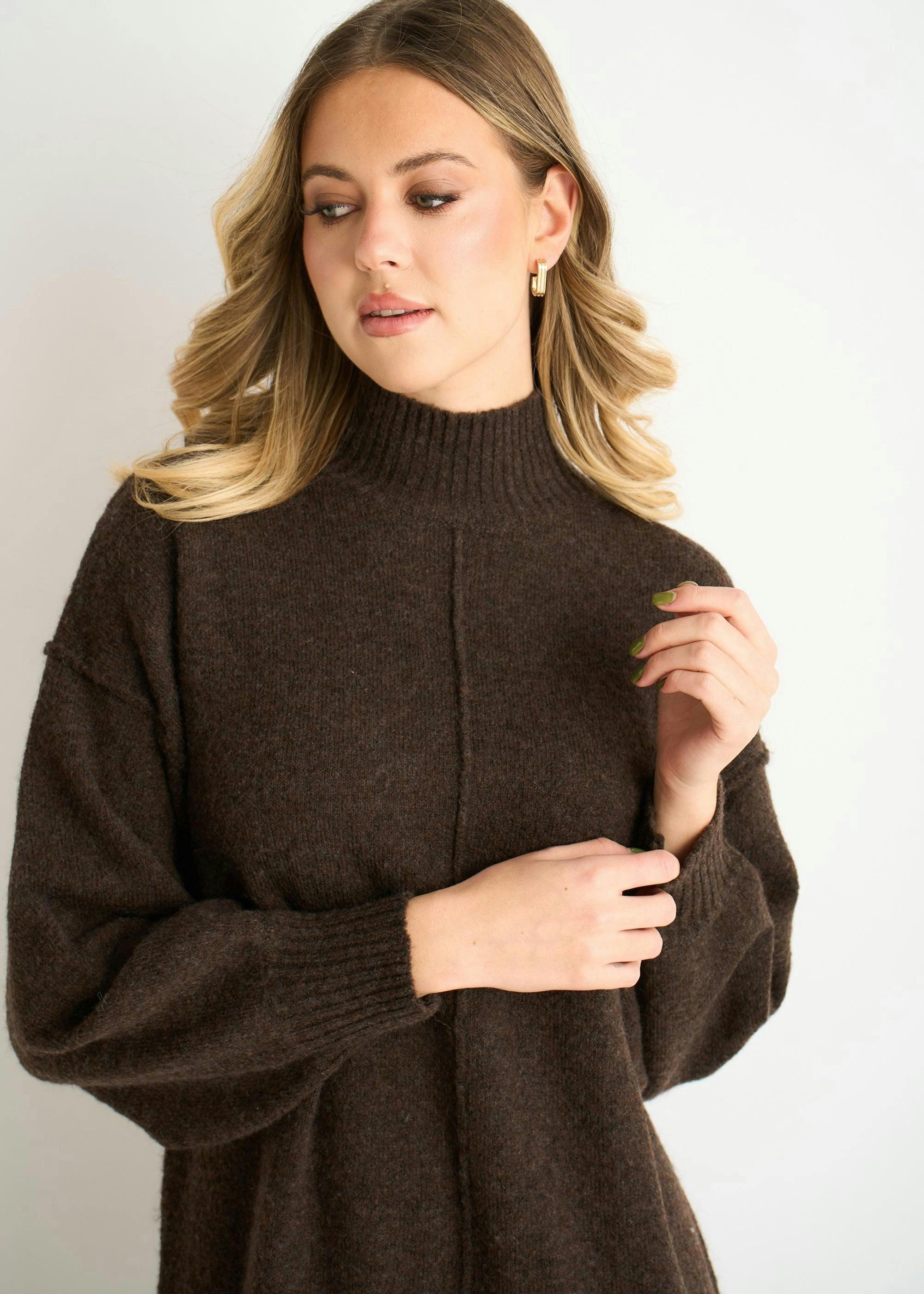 Brown Crew Neck Knitted Shift Dress , view 3 of 4