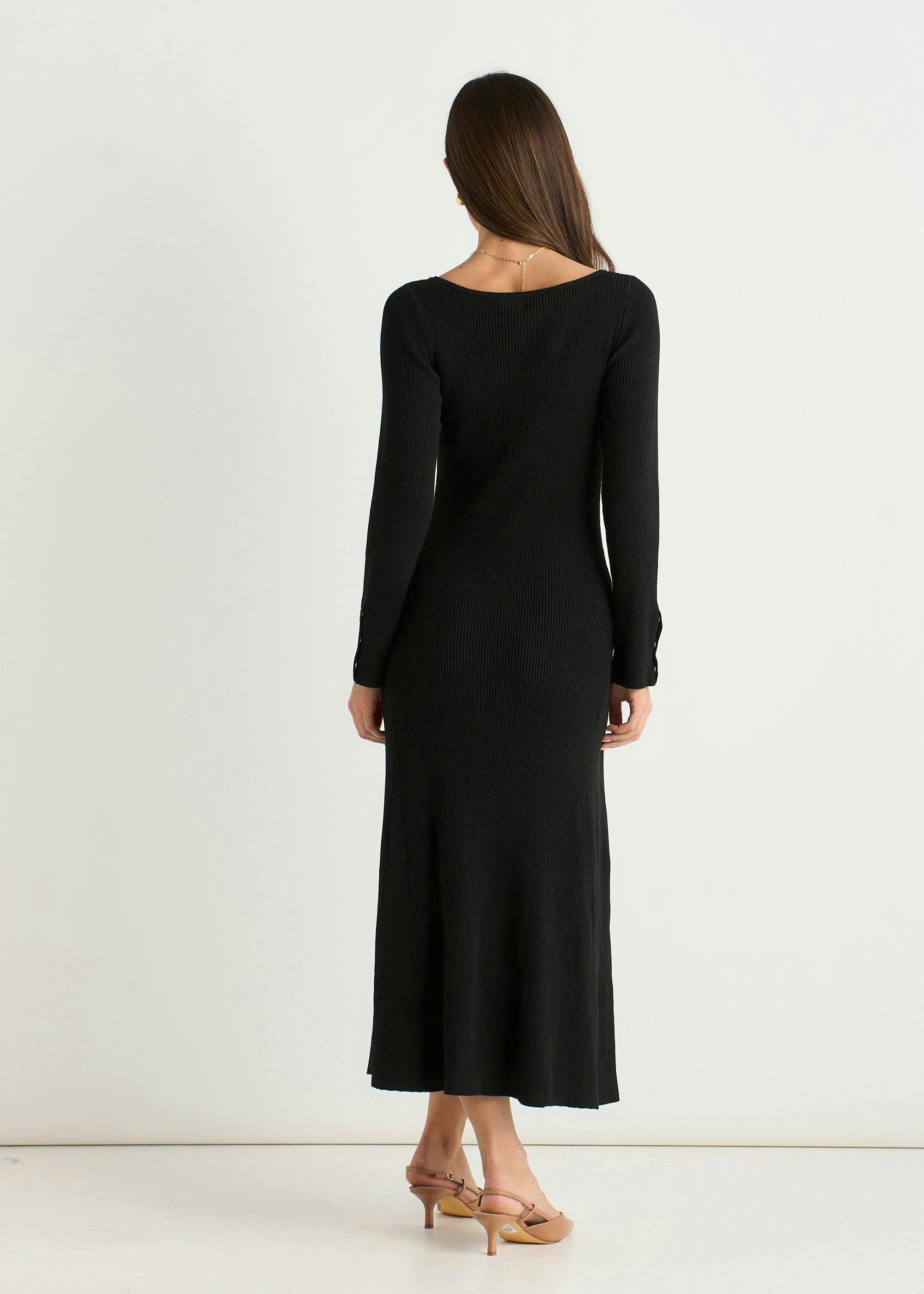 Black Slash Neck Knitted Fit & Flare Dress , view 2 of 4