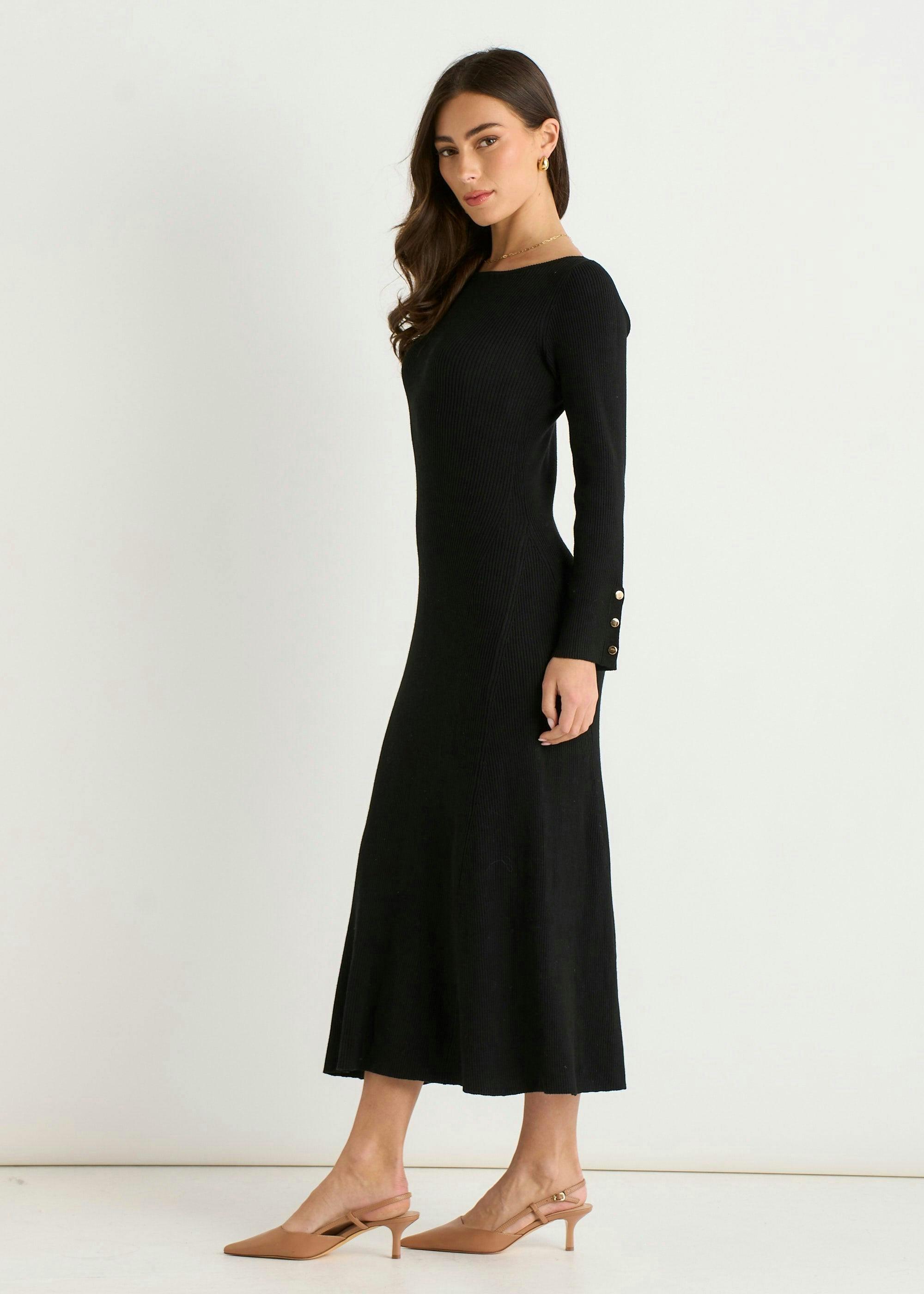 Black Slash Neck Knitted Fit & Flare Dress , view 4 of 4
