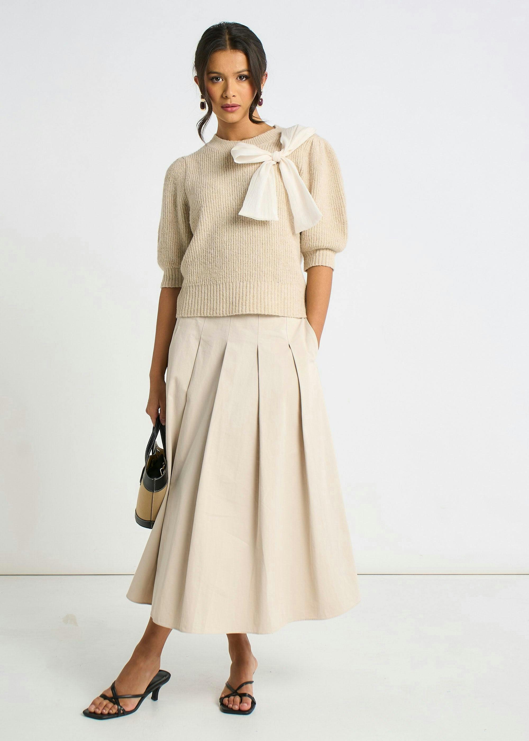 Mocha Chiffon Bow Knitted Jumper , view 2 of 4