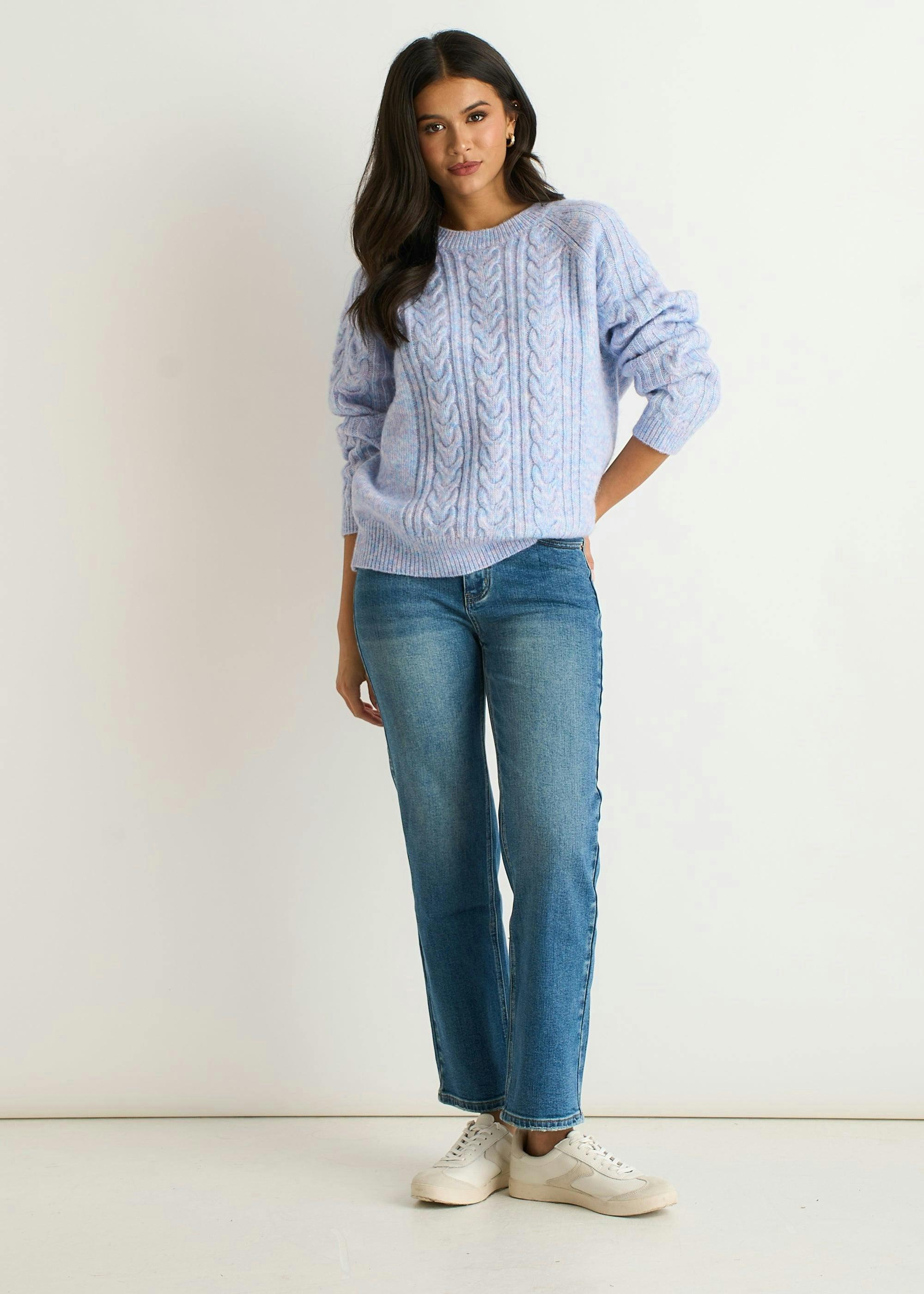Blue Pastel Cable Knit Crew Neck Jumper , view 2 of 4