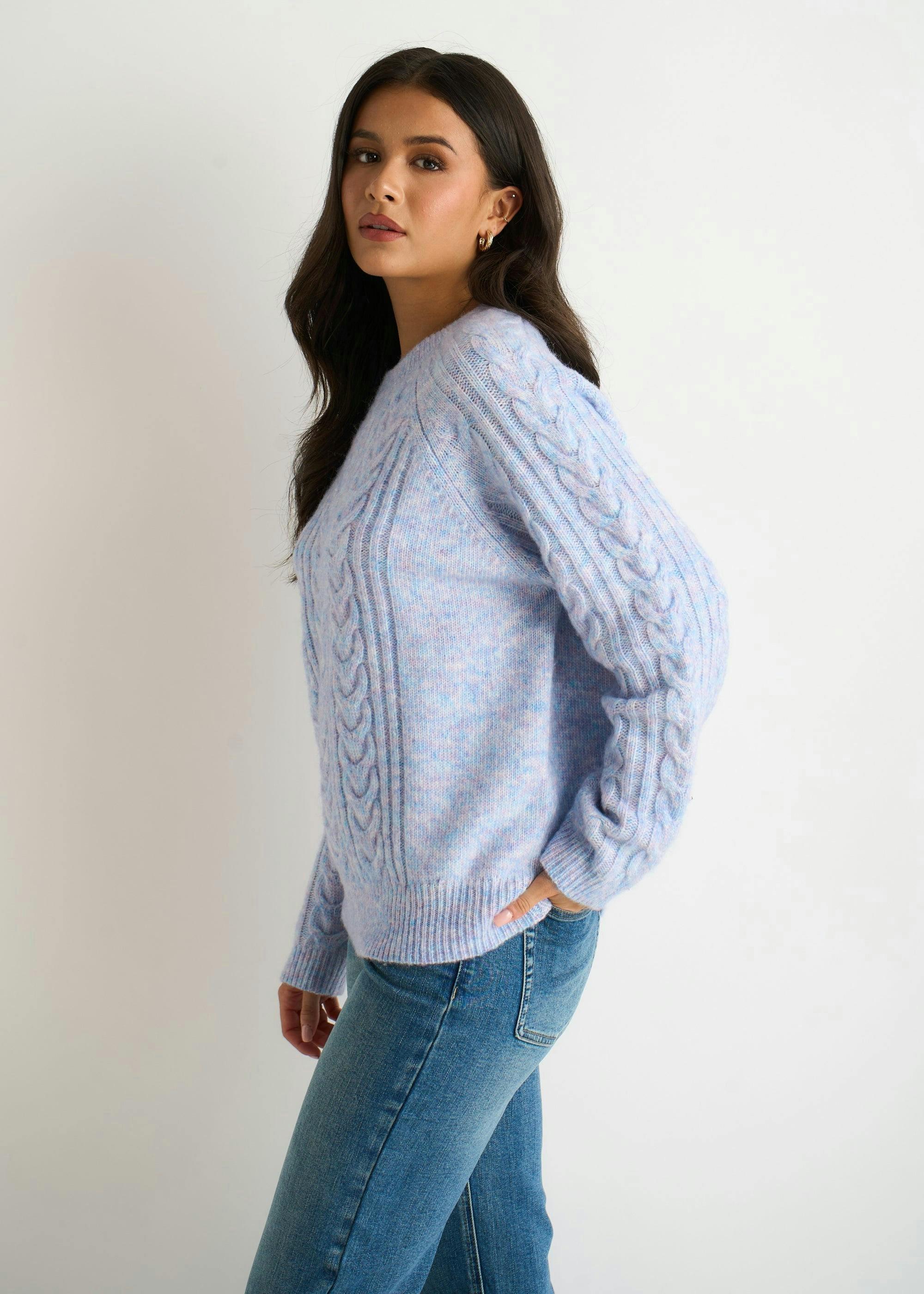 Blue Pastel Cable Knit Crew Neck Jumper , view 4 of 4