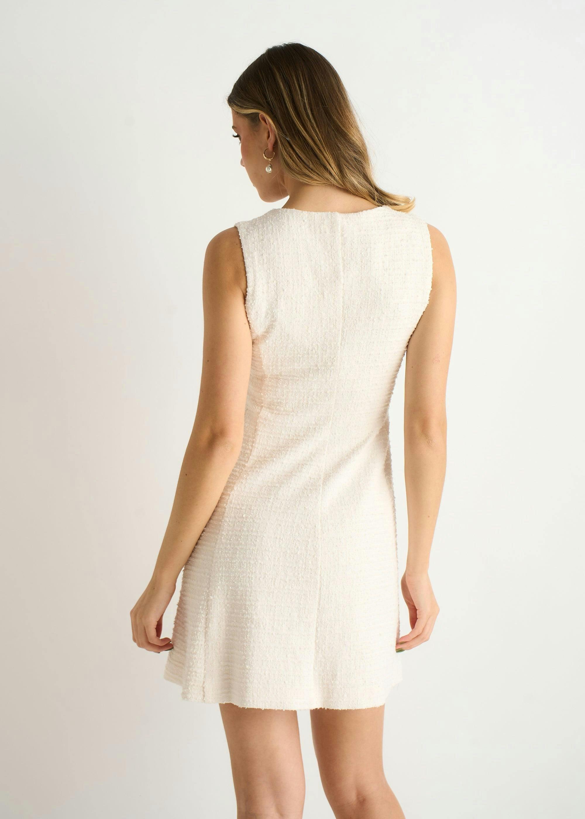 Cream Textured Boucle Button-Front Mini Dress , view 2 of 4