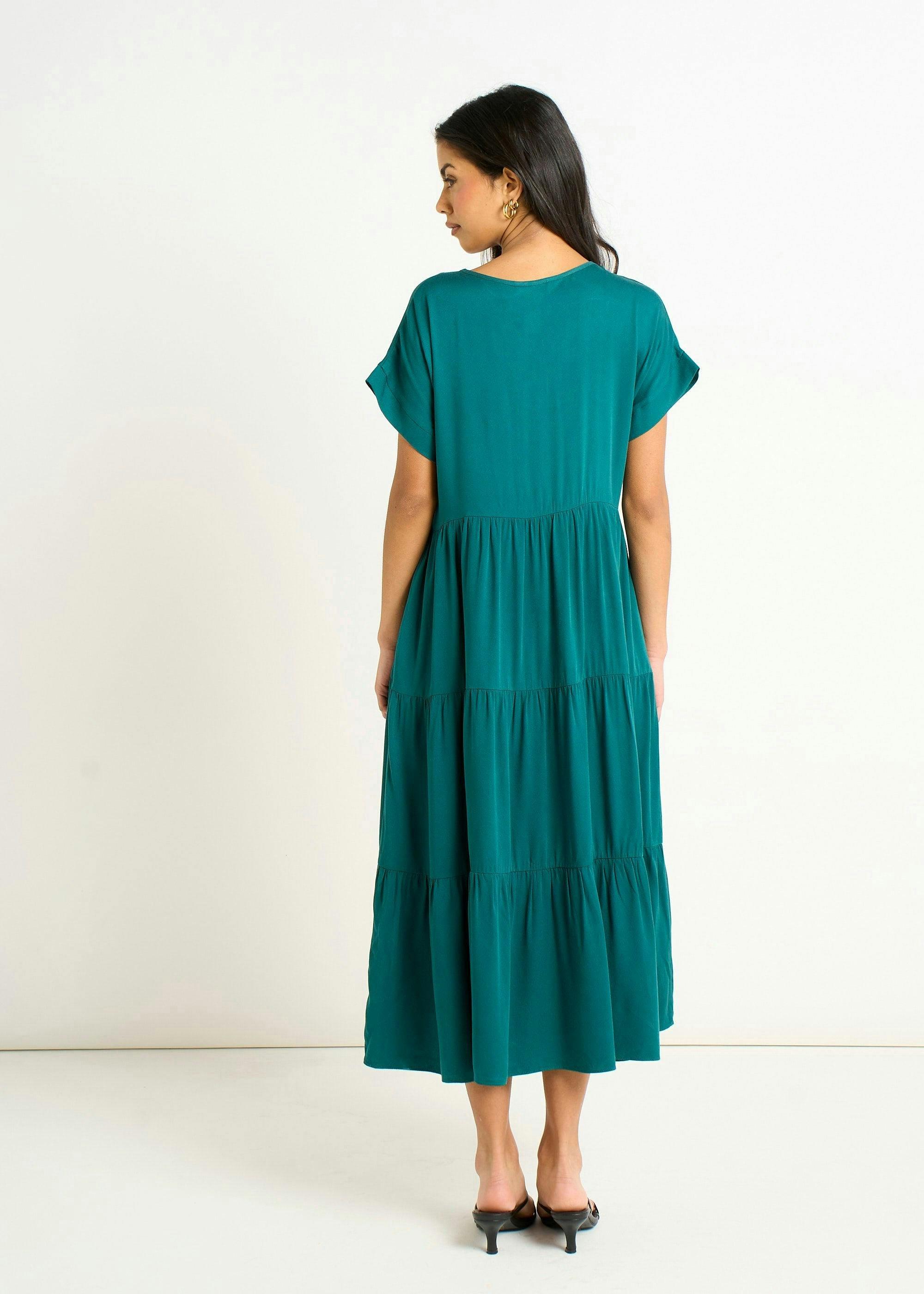 Green V Neck Pocket Smock Midi Dress , view 2 of 4