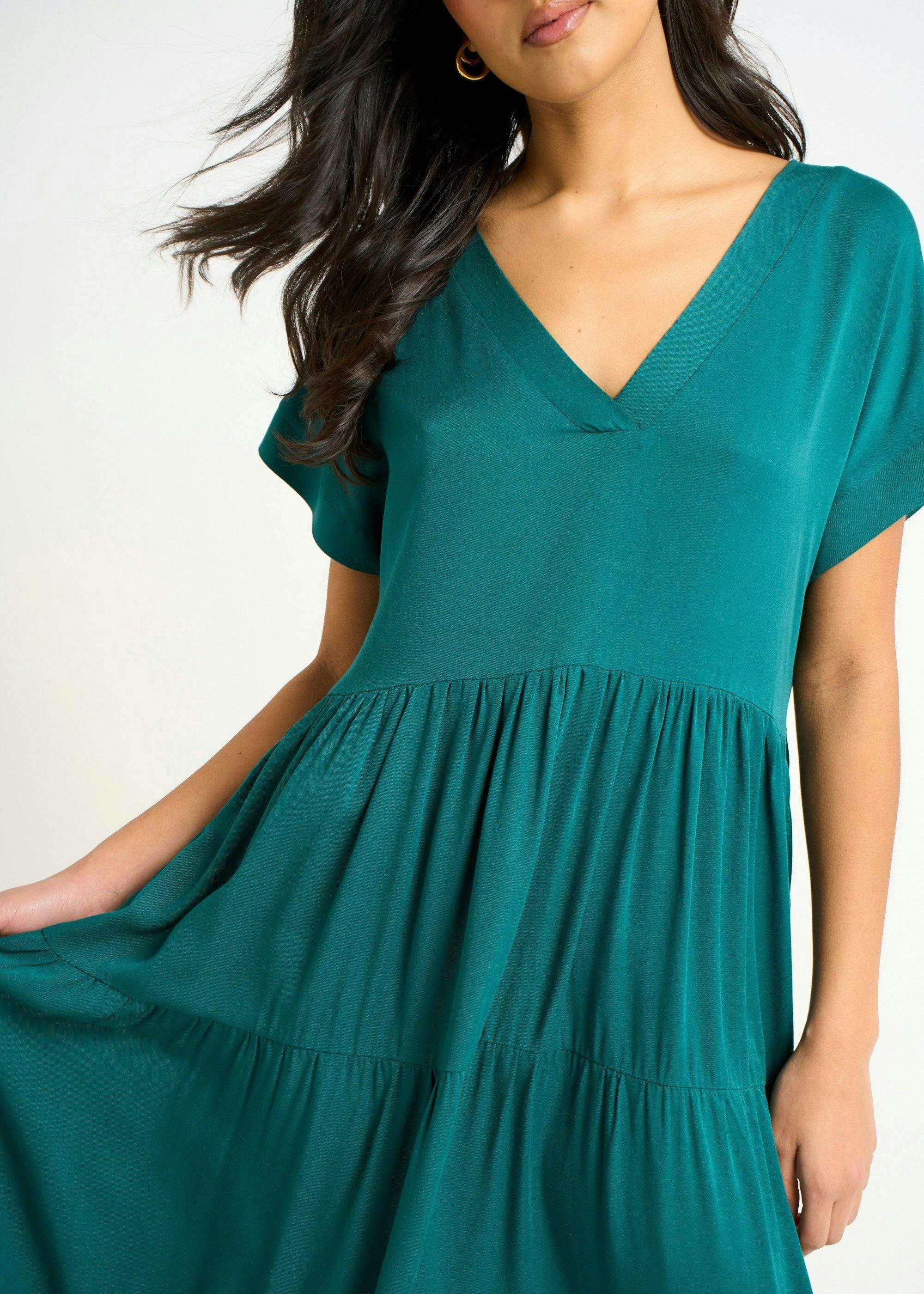Green V Neck Pocket Smock Midi Dress , view 3 of 4
