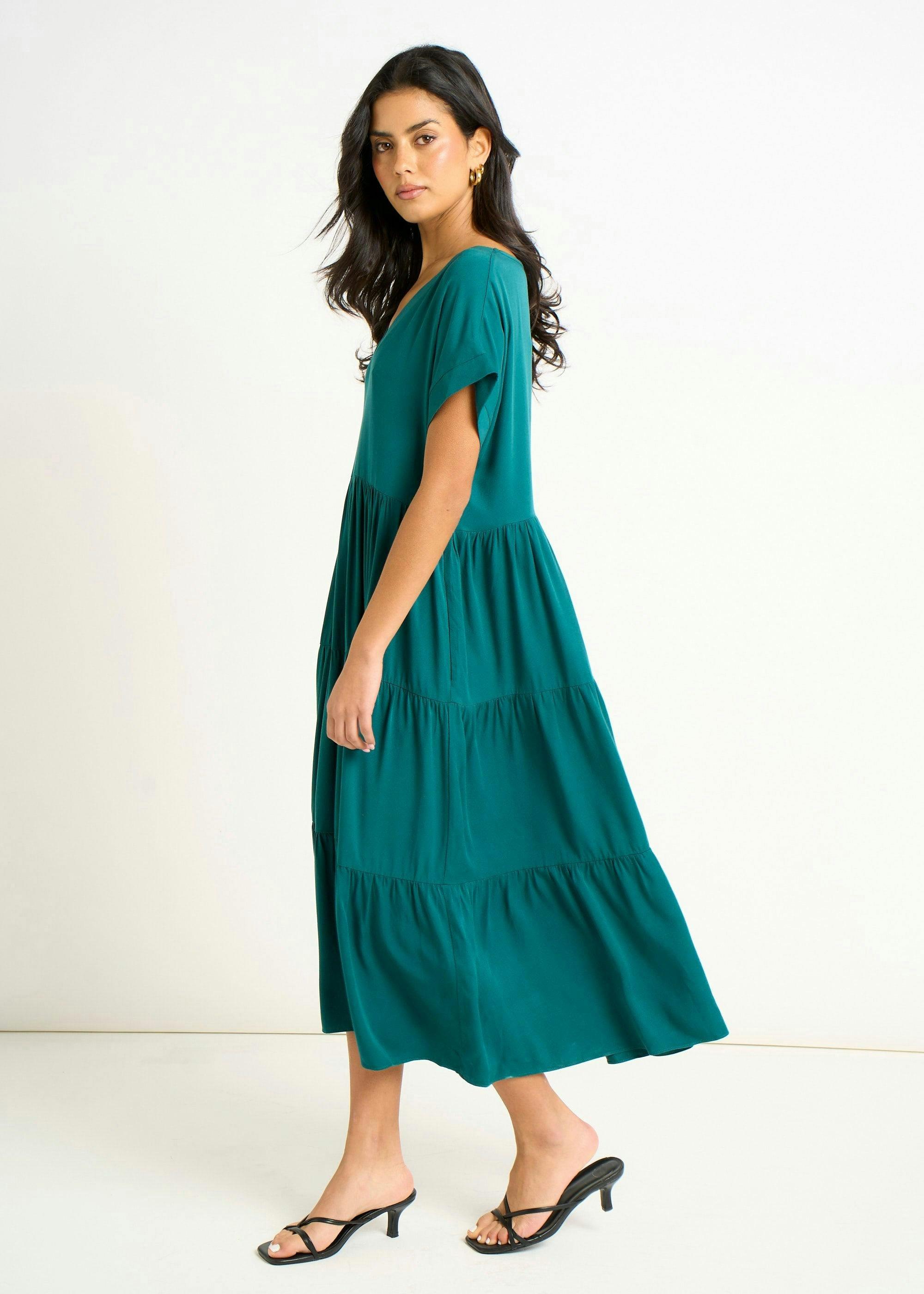 Green V Neck Pocket Smock Midi Dress , view 4 of 4
