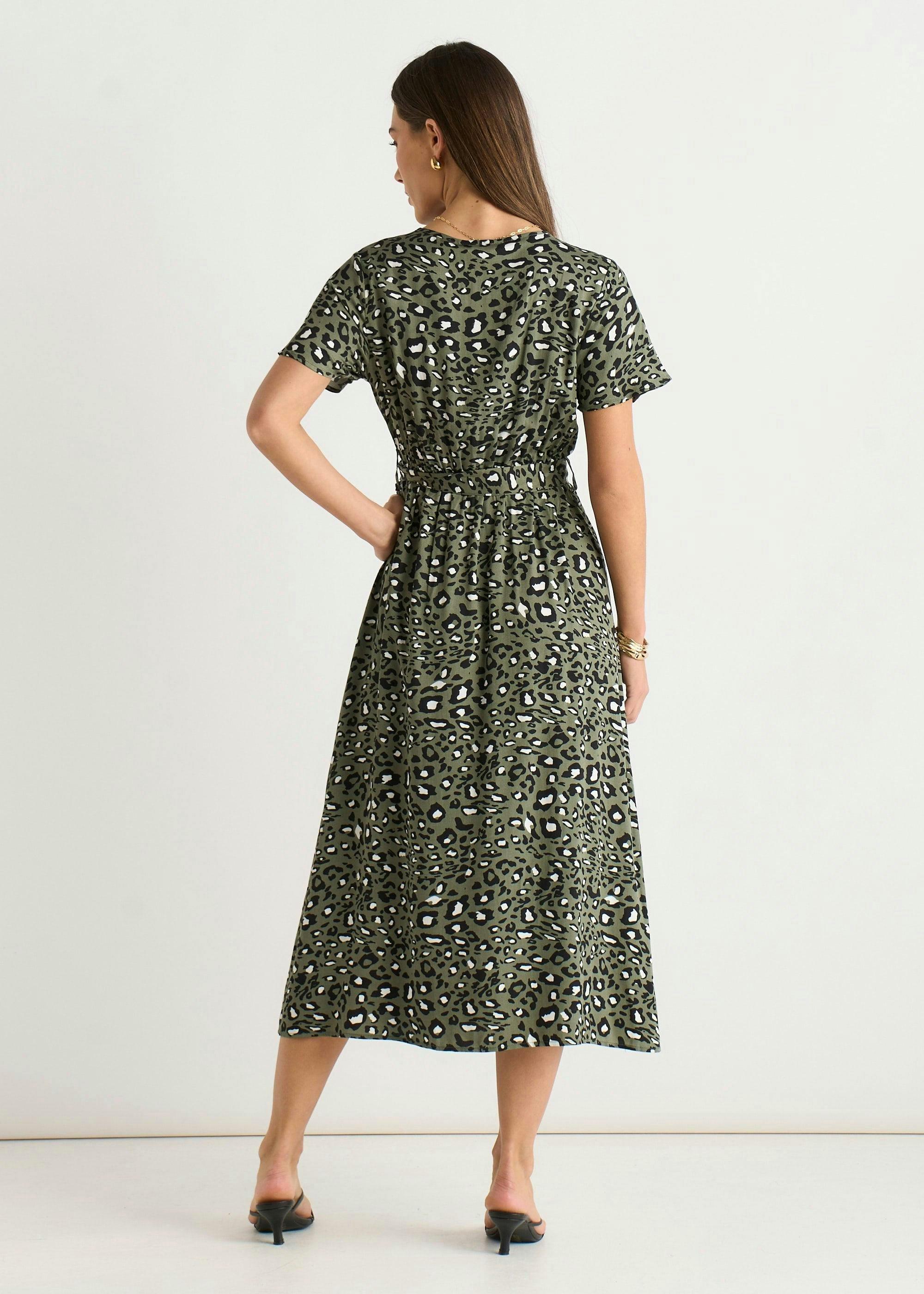 Khaki Viscose Short Sleeve Animal Print Wrap Front Midi Dress , view 2 of 4