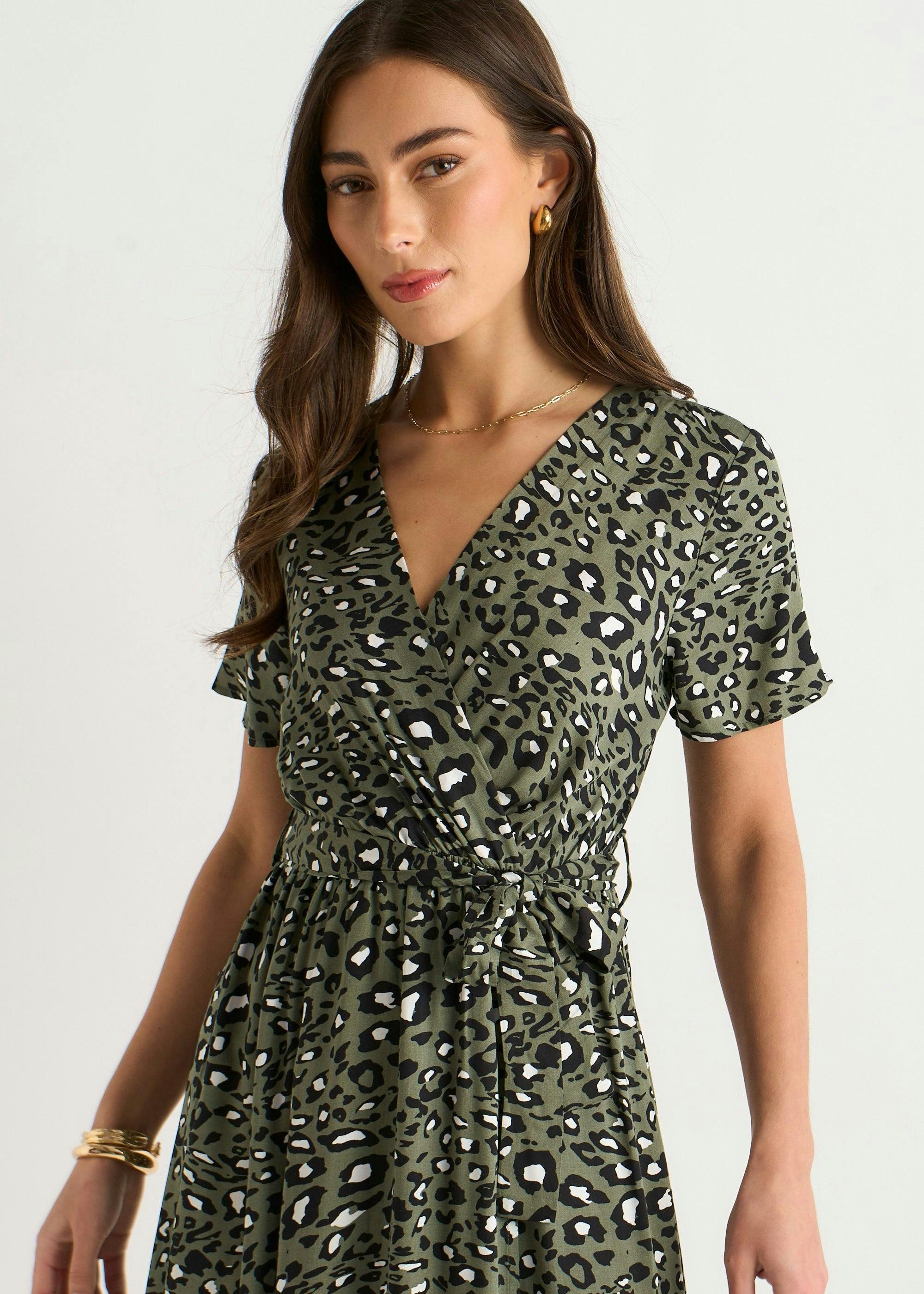 Khaki Viscose Short Sleeve Animal Print Wrap Front Midi Dress , view 3 of 4