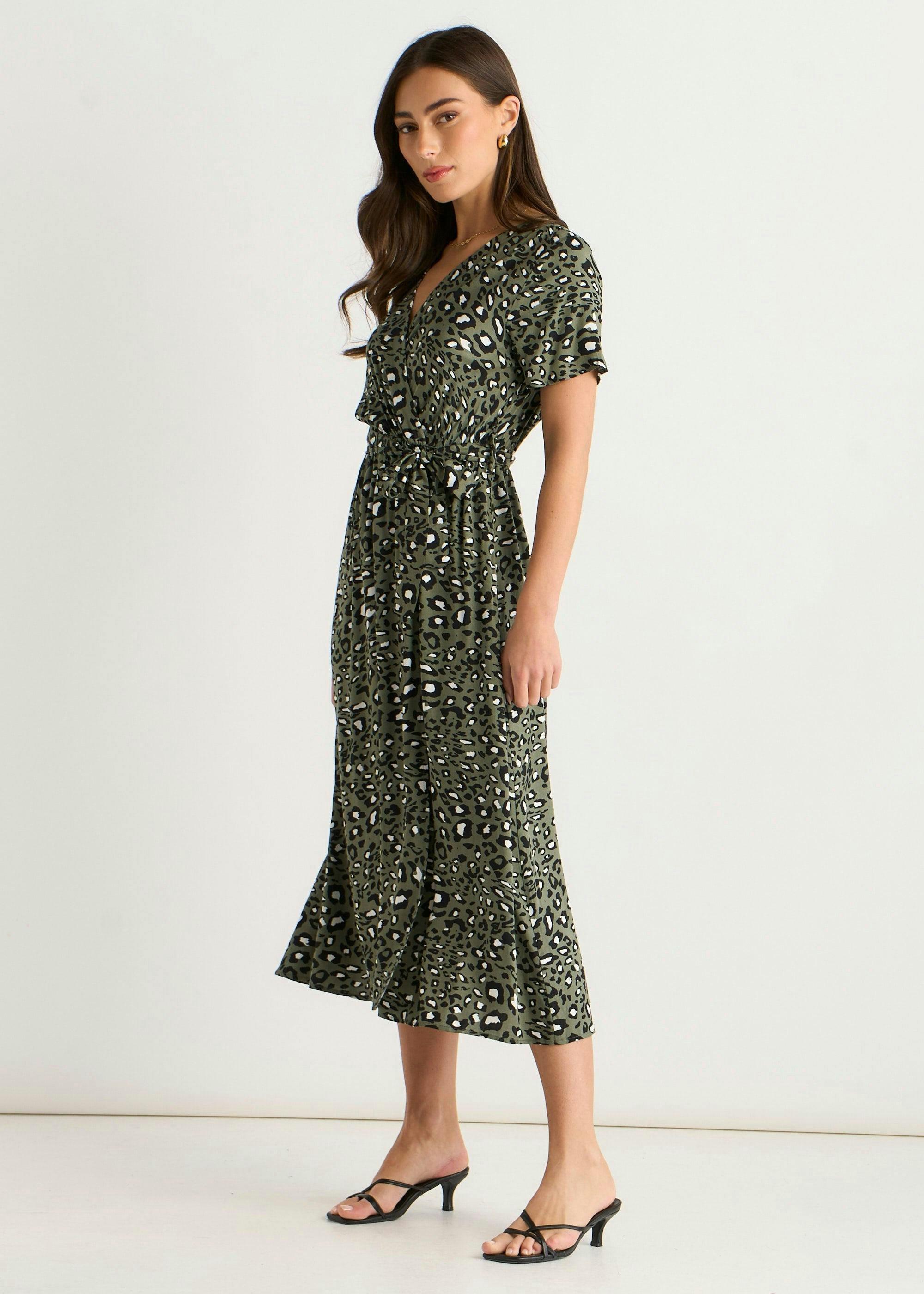 Khaki Viscose Short Sleeve Animal Print Wrap Front Midi Dress , view 4 of 4