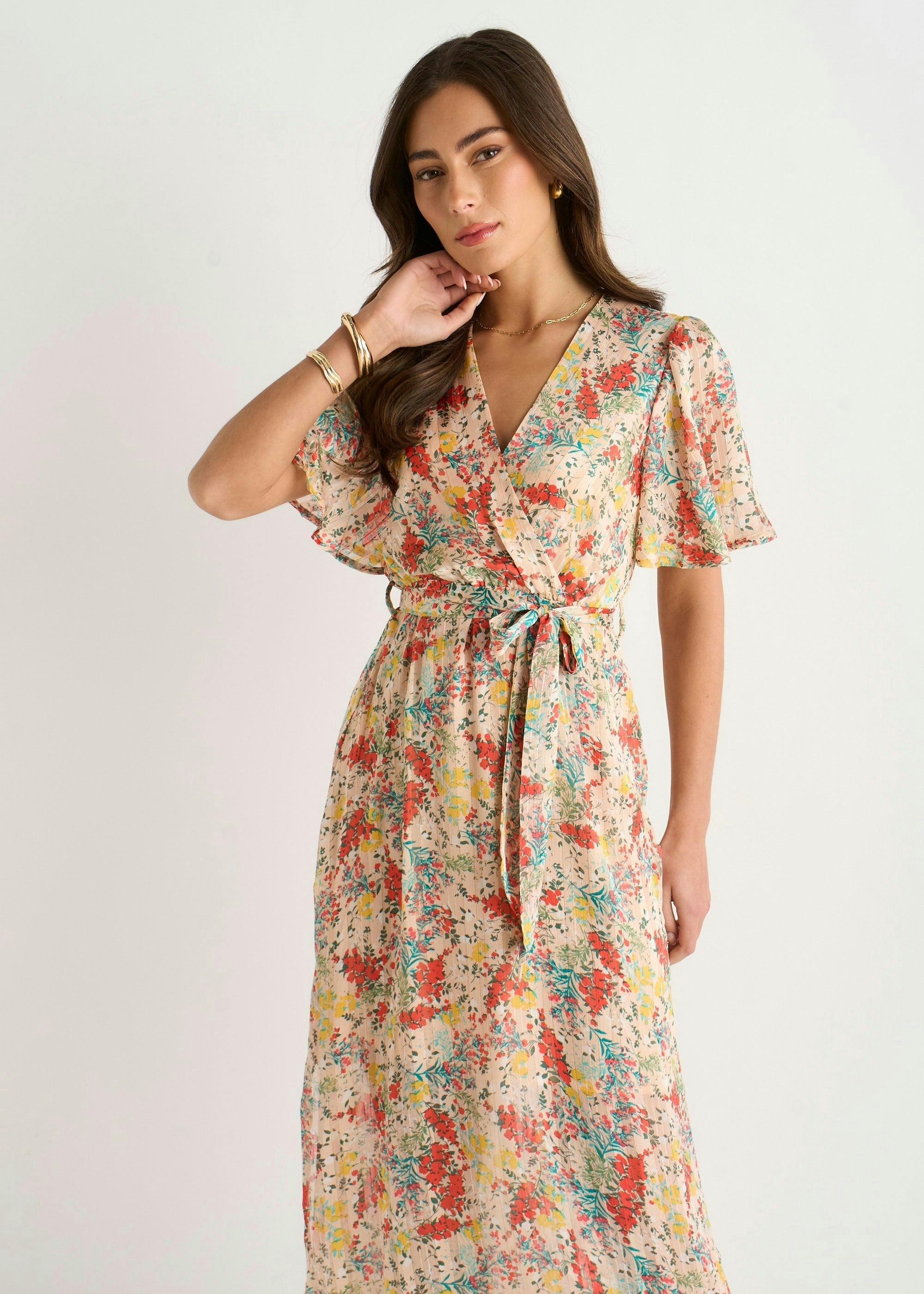 Multi Floral Jacquard Chiffon Midi Dress , view 3 of 4