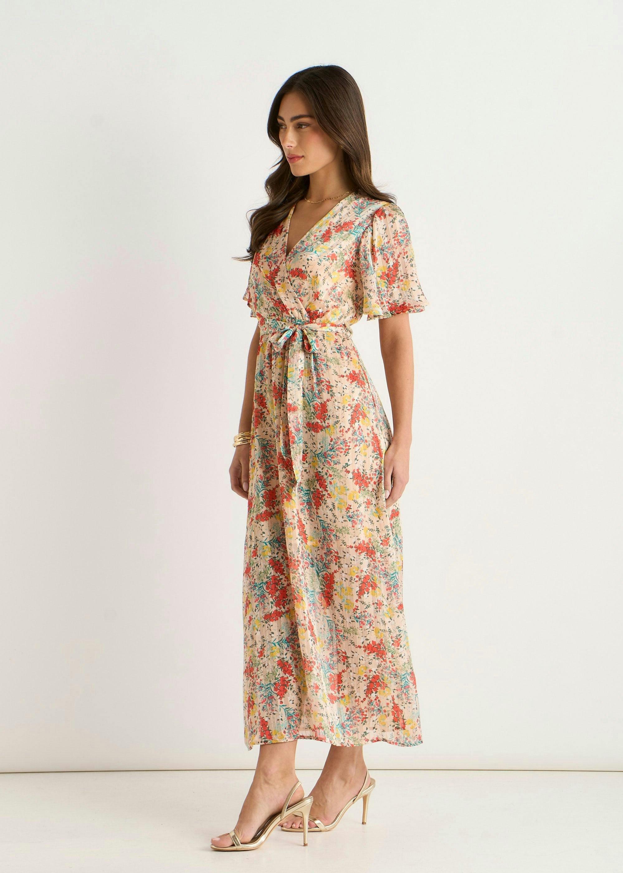 Multi Floral Jacquard Chiffon Midi Dress , view 4 of 4