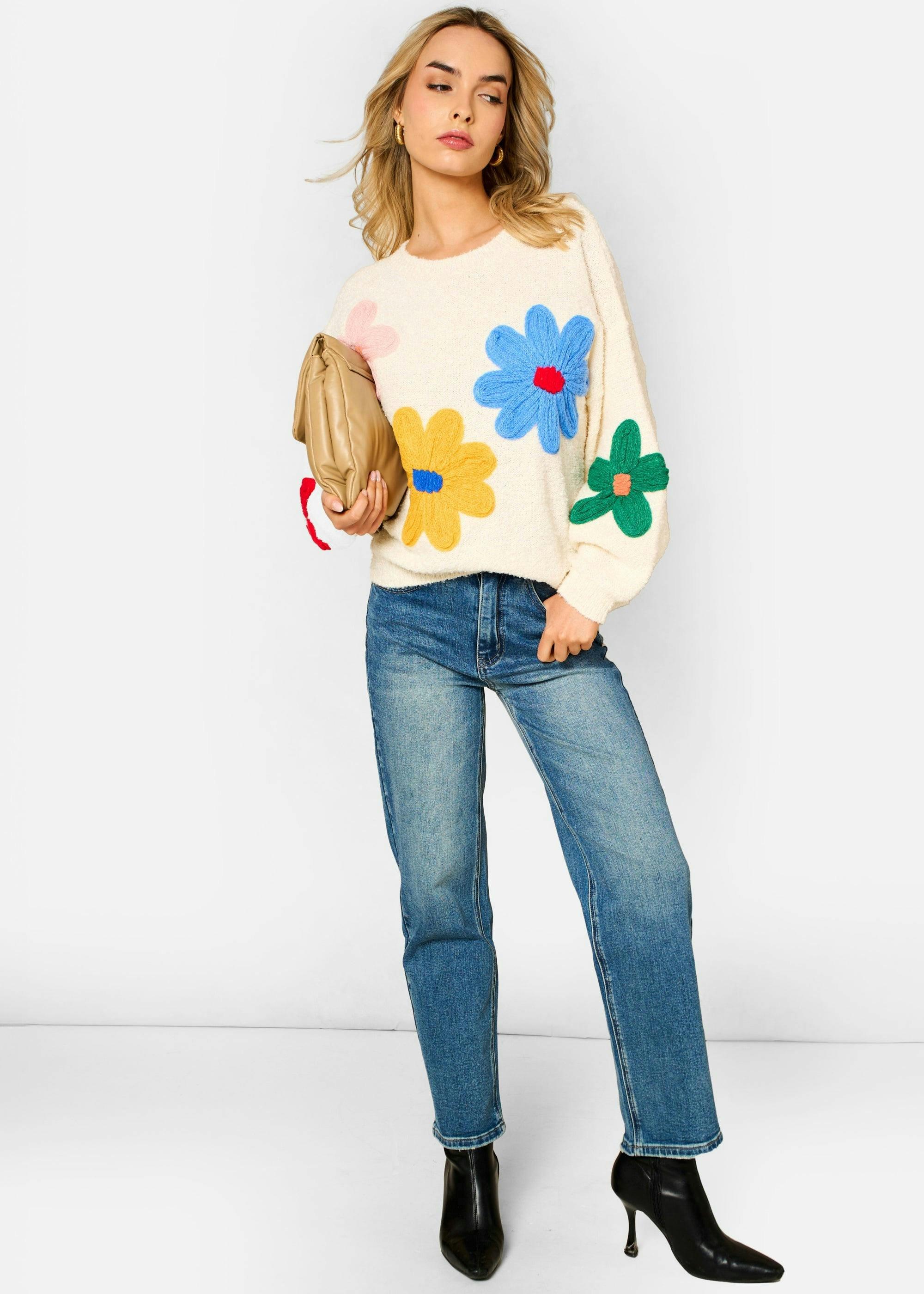 Cream 3D Flower Crochet Knitted Jumper , view 2 of 4