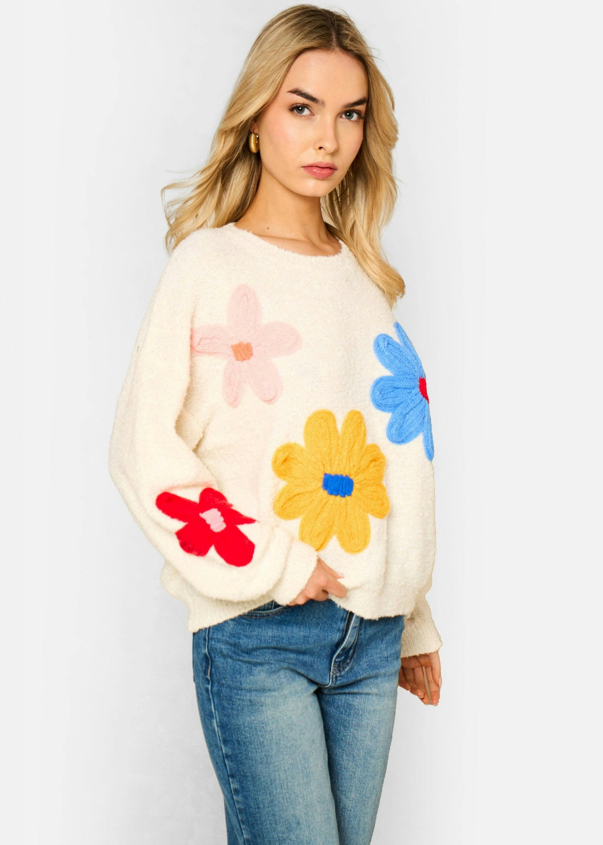 Cream 3D Flower Crochet Knitted Jumper , view 3 of 4
