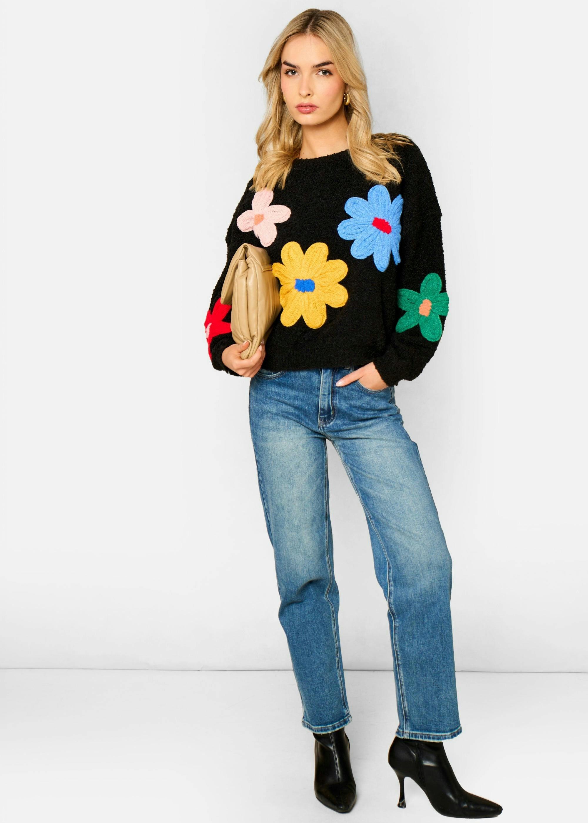 Black 3D Flower Crochet Knitted Jumper , view 2 of 4