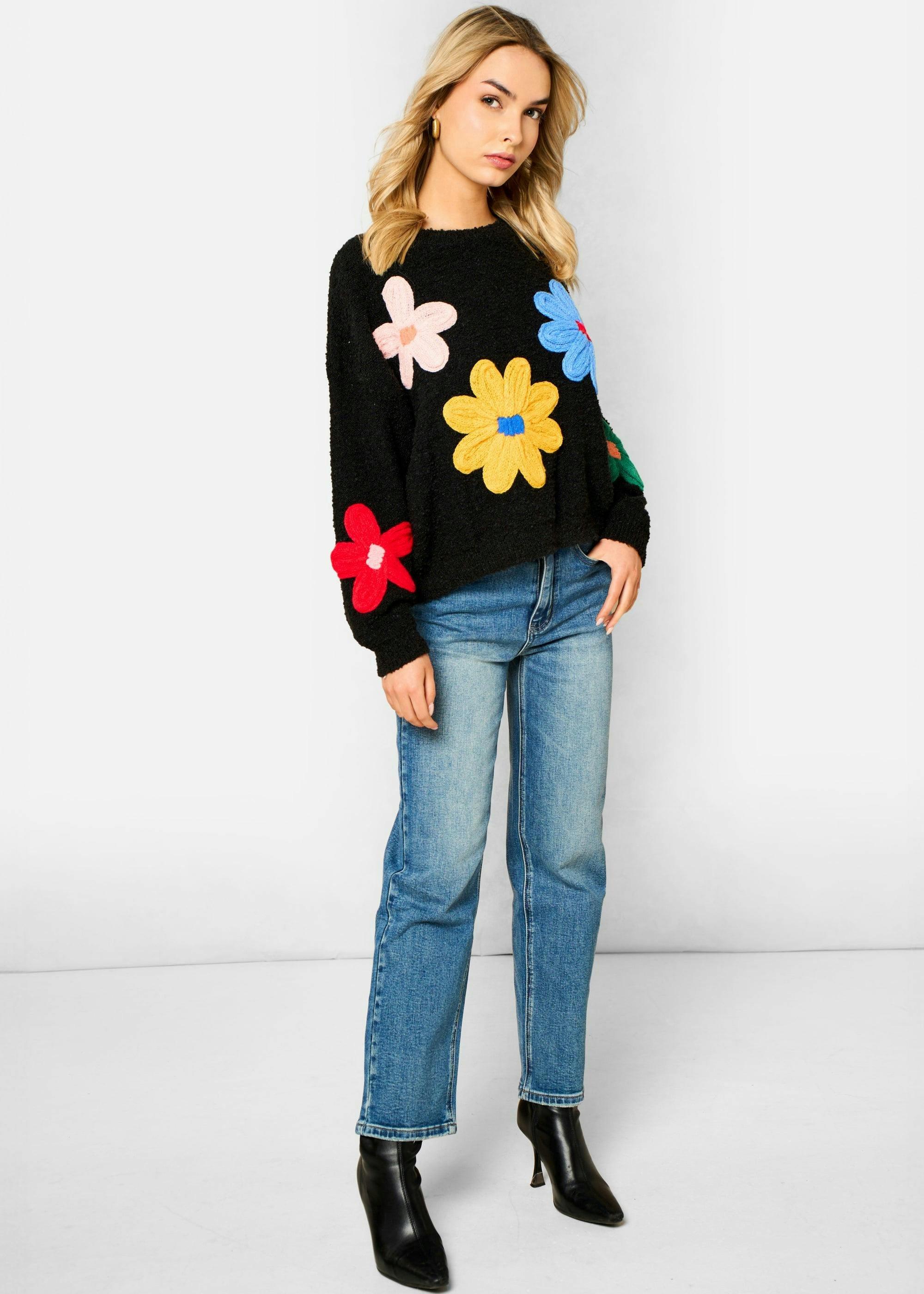 Black 3D Flower Crochet Knitted Jumper , view 3 of 4