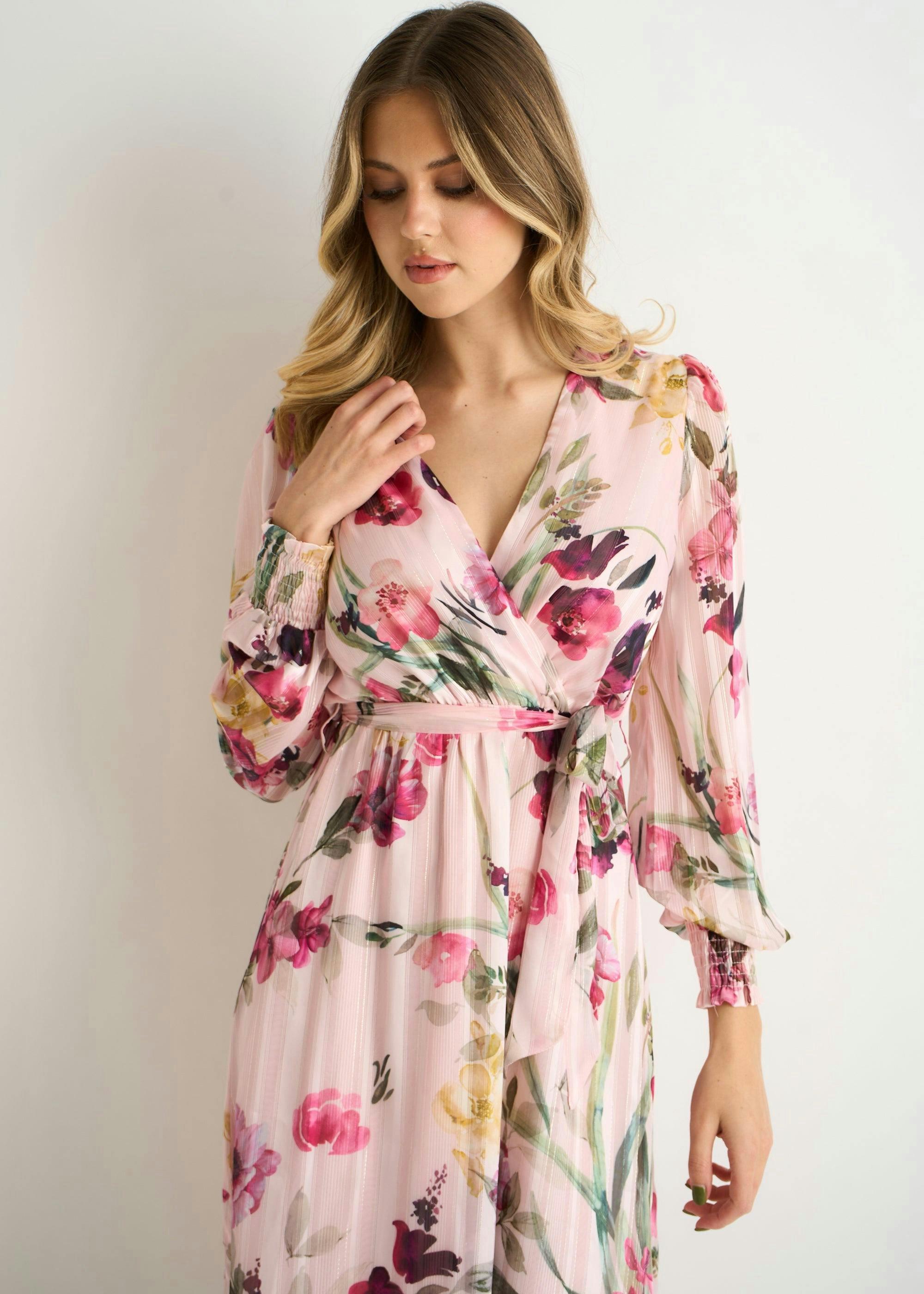 Pink Floral Print Sparkle Chiffon Wrap Midi Dress , view 2 of 4