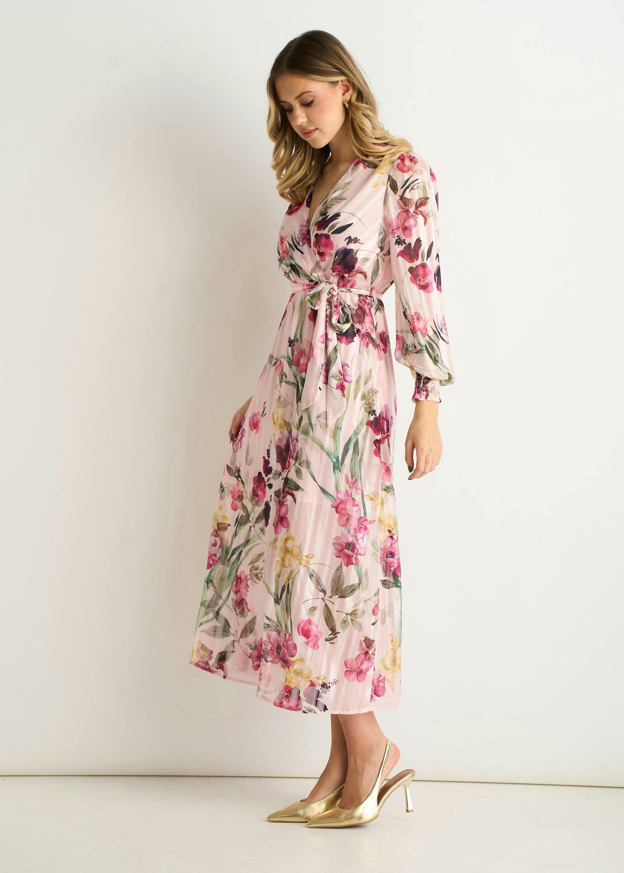 Pink Floral Print Sparkle Chiffon Wrap Midi Dress , view 3 of 4