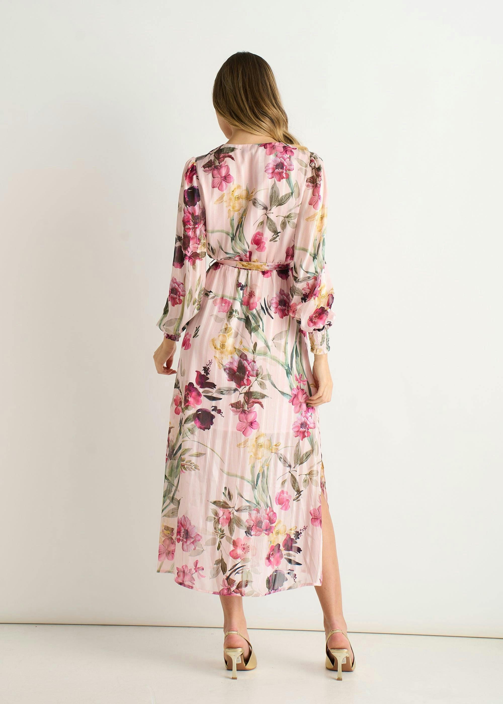 Pink Floral Print Sparkle Chiffon Wrap Midi Dress , view 4 of 4
