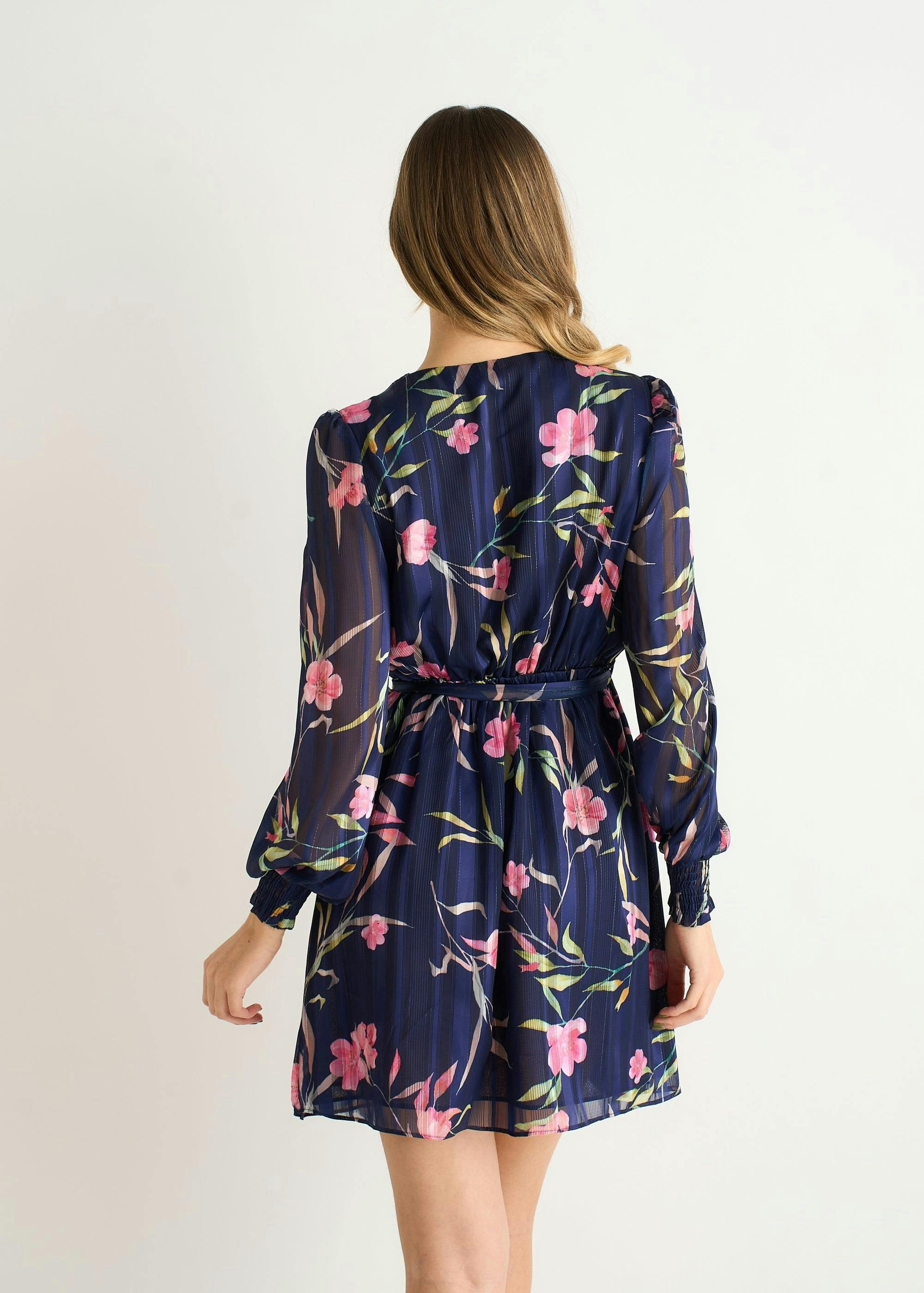 Navy Floral Print Shimmer Stripe Chiffon Wrap Mini Dress , view 2 of 4
