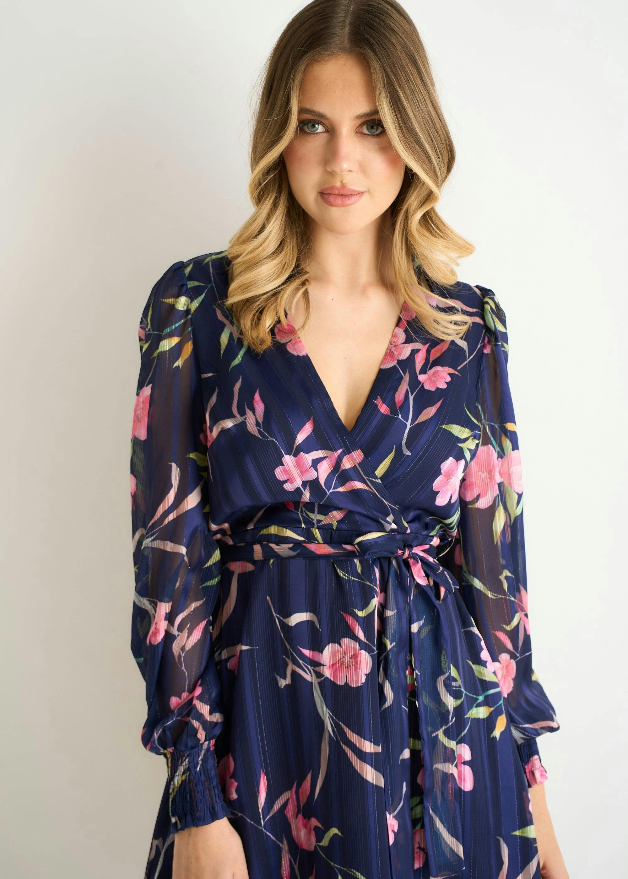 Navy Floral Print Shimmer Stripe Chiffon Wrap Mini Dress , view 3 of 4