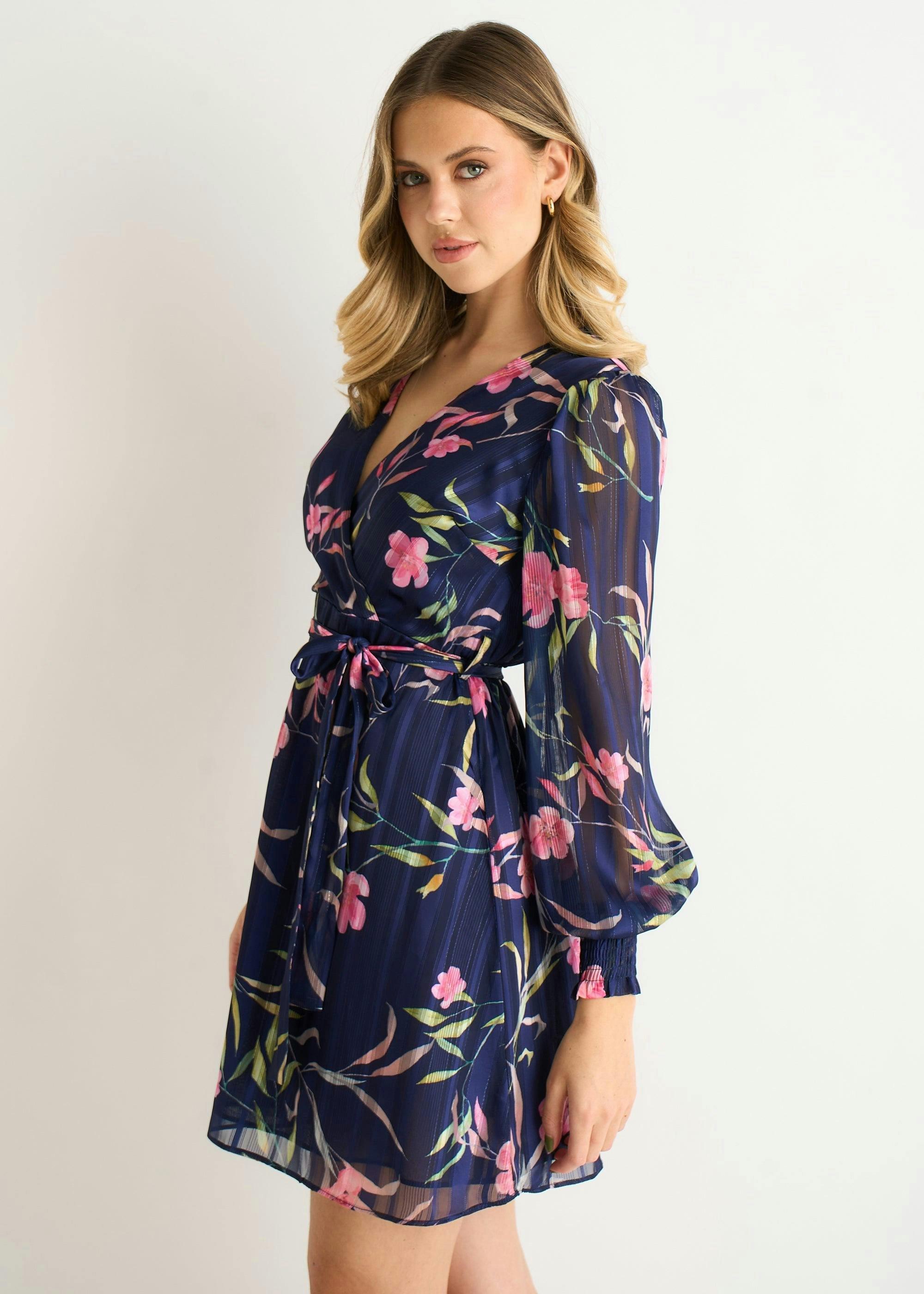 Navy Floral Print Shimmer Stripe Chiffon Wrap Mini Dress , view 4 of 4