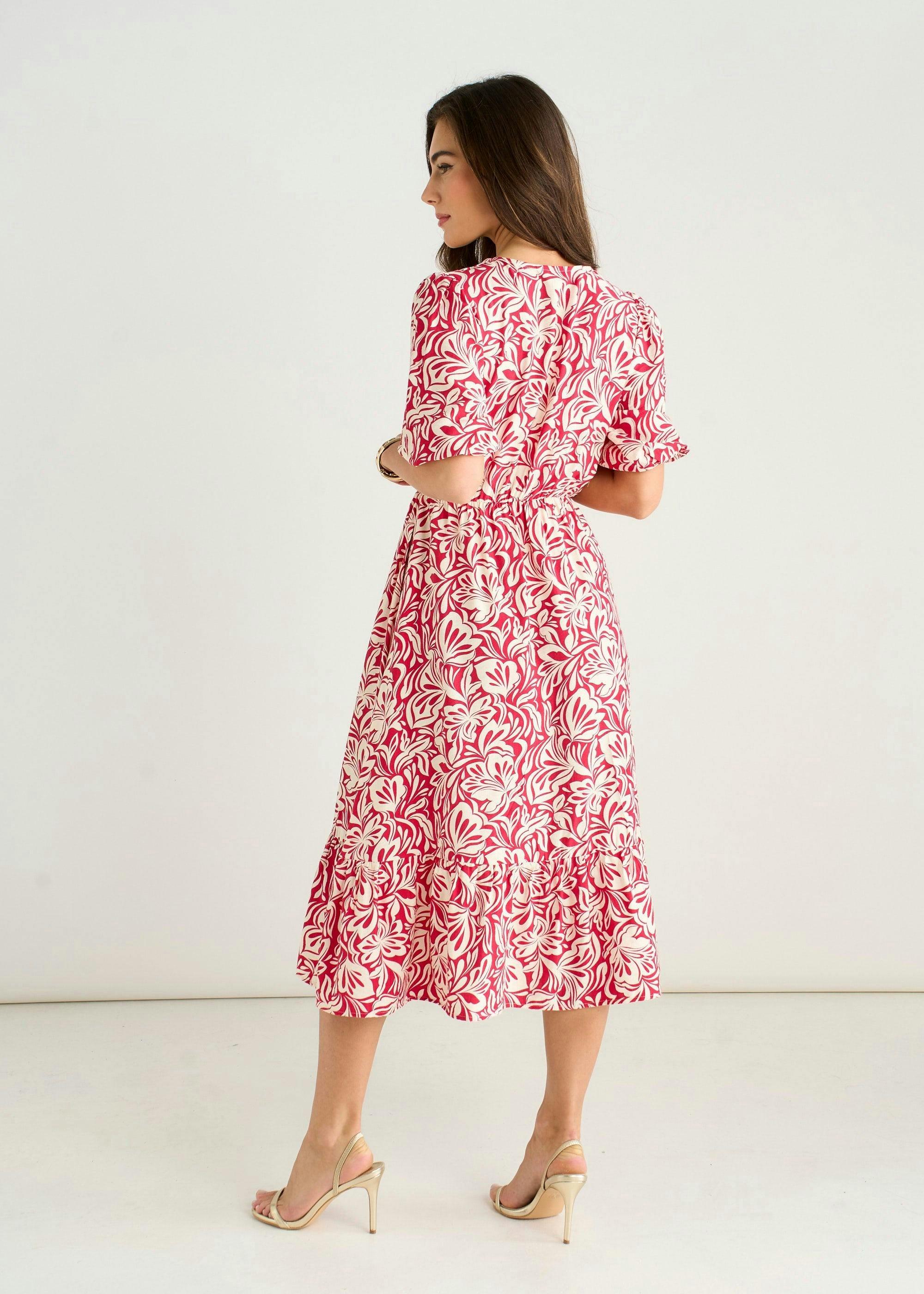 Red Paisley Print Elasticated Waist Midi Dress , view 2 of 4
