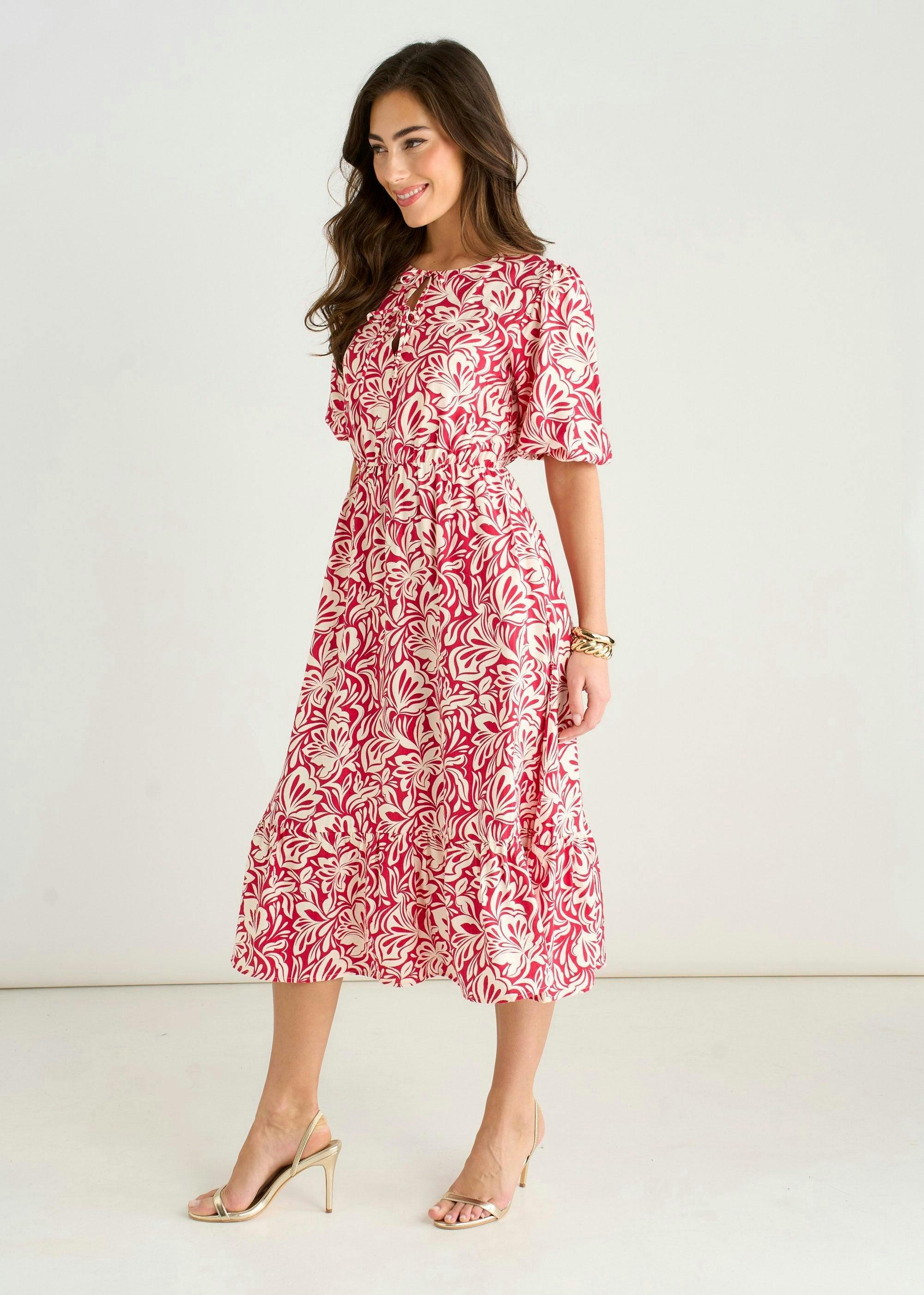 Red Paisley Print Elasticated Waist Midi Dress , view 4 of 4