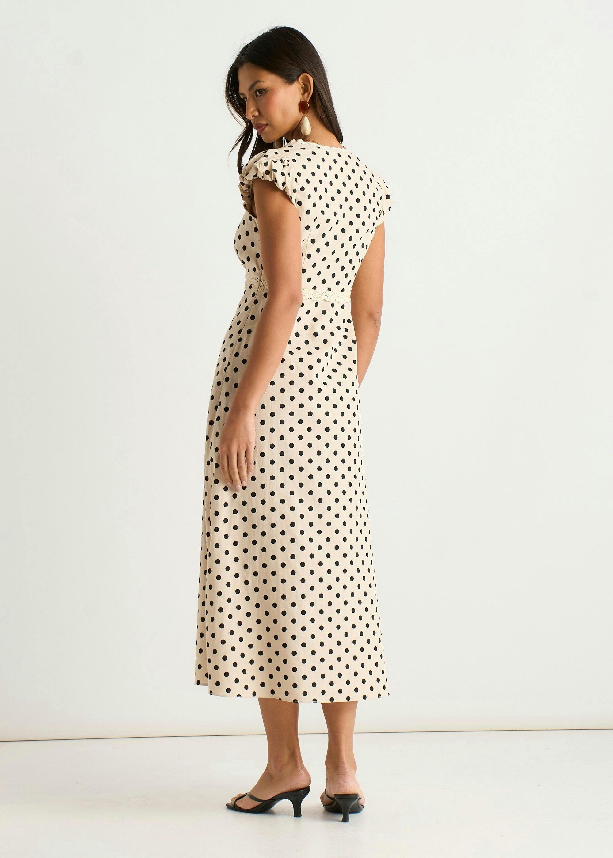 Cream Cotton Spot Print Lace Trim Midi Dress , view 2 of 4