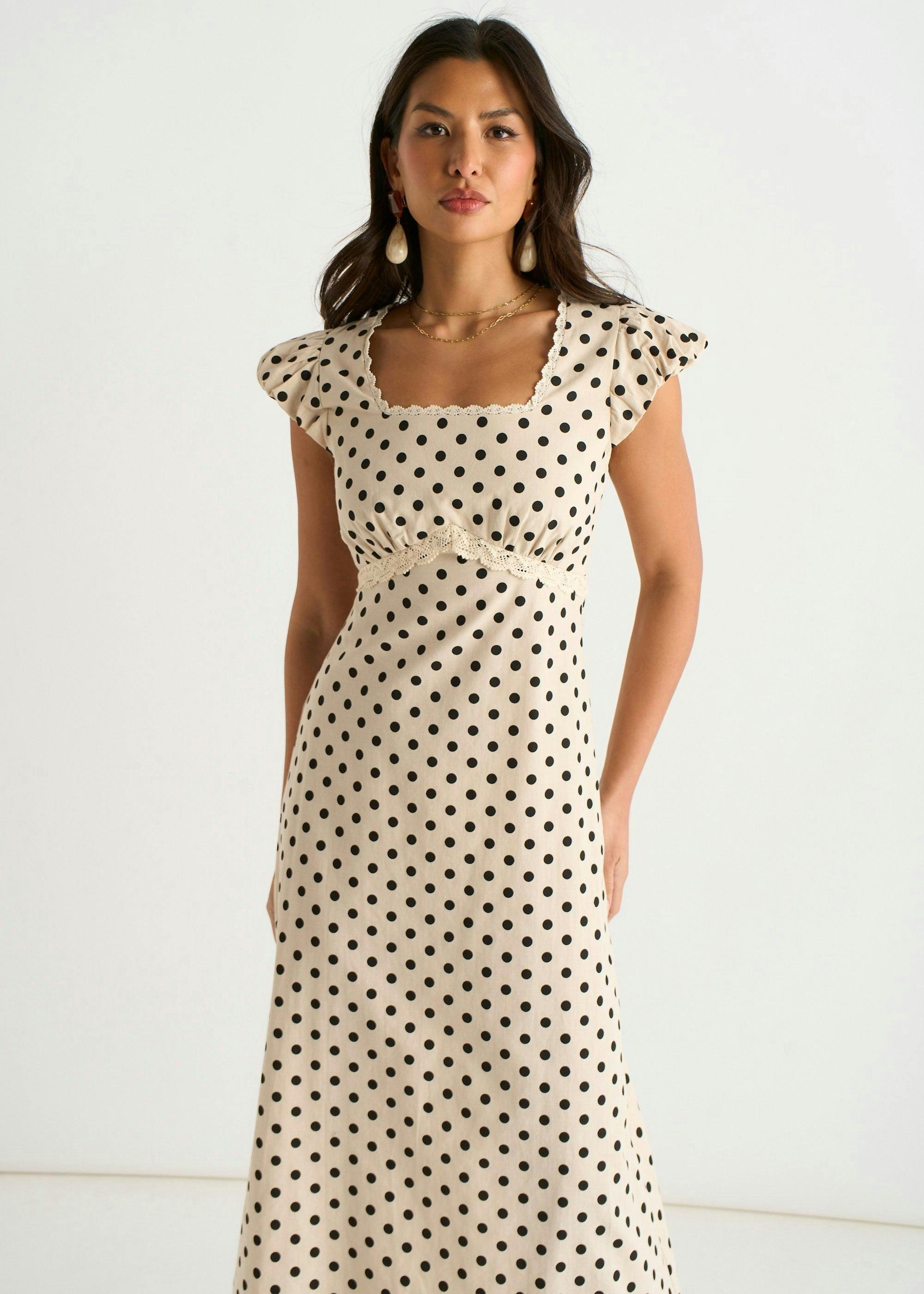 Cream Cotton Spot Print Lace Trim Midi Dress , view 3 of 4